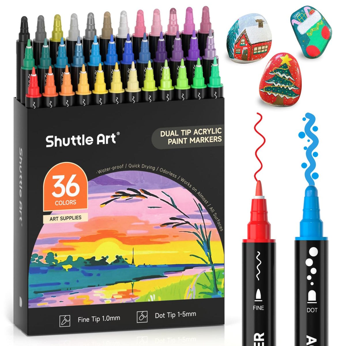 Shuttle Art Dual Tip Acrylic Paint Pens, 36 Colours Dot & Fine Tip Paint Marker Pens, Paint Pens for Rock Painting, Ceramic, Wood, Fabric, Glass, Art