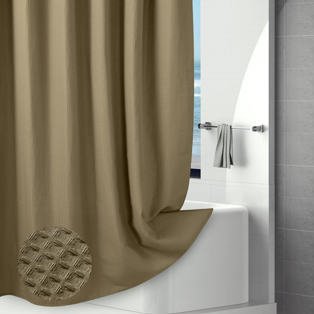 Hotel-Quality Tan Waffle Shower Curtain, Water Repellent Bath Curtain Prevents Water Escaping, 256GSM Thick Heavy Duty Fabric Texture Wet Room Shower
