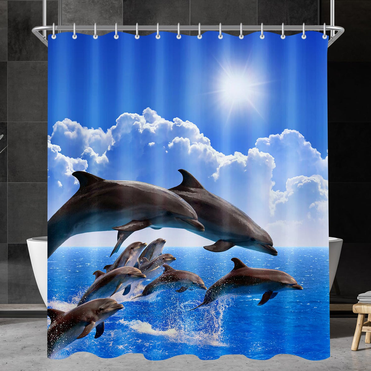 Lerores Dolphin Shower Curtain, Weighted Hem, Anti-Mould Textile, Water-Repellent, Washable Polyester Fabric Bath Curtains with 12 Eyelets and Shower
