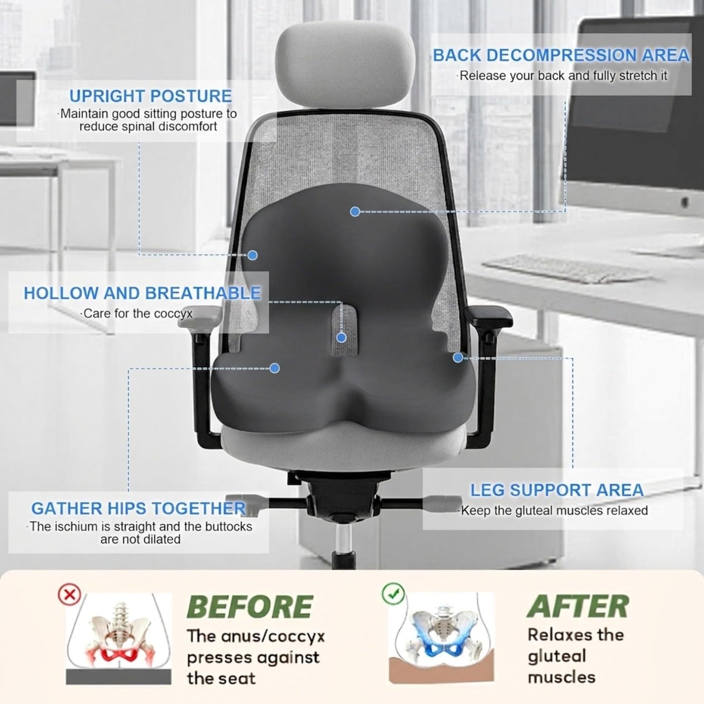 Gresonic Ergonomic Memory Foam Seat Cushion, For Office, Car, Gaming & Dining Chairs, Sciatica, Tailbone & Coccyx Pain Relief