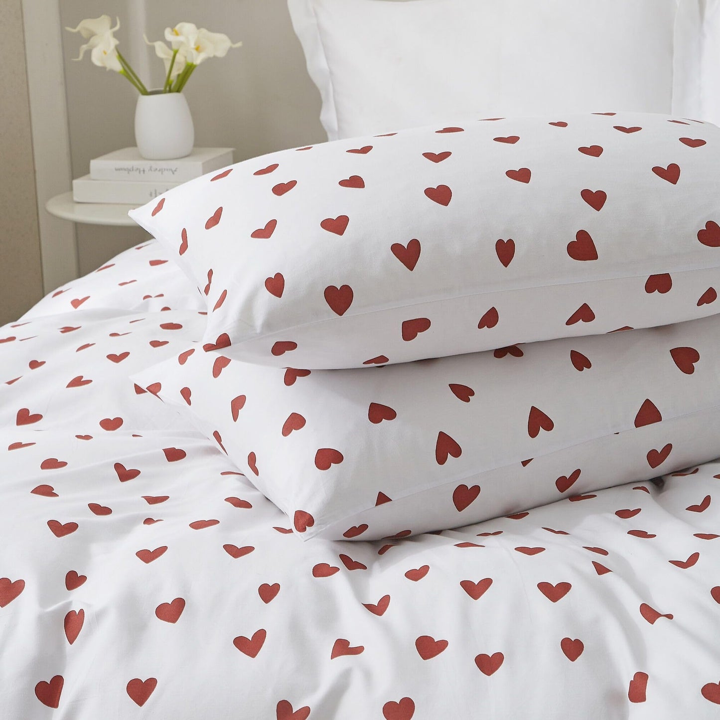 Ruccit Red Heart Duvet Cover Set Double 100% Cotton White Duvet Cover Lovely Heart Pattern 3pcs Modern Bedding Set with Zipper Closure Corner