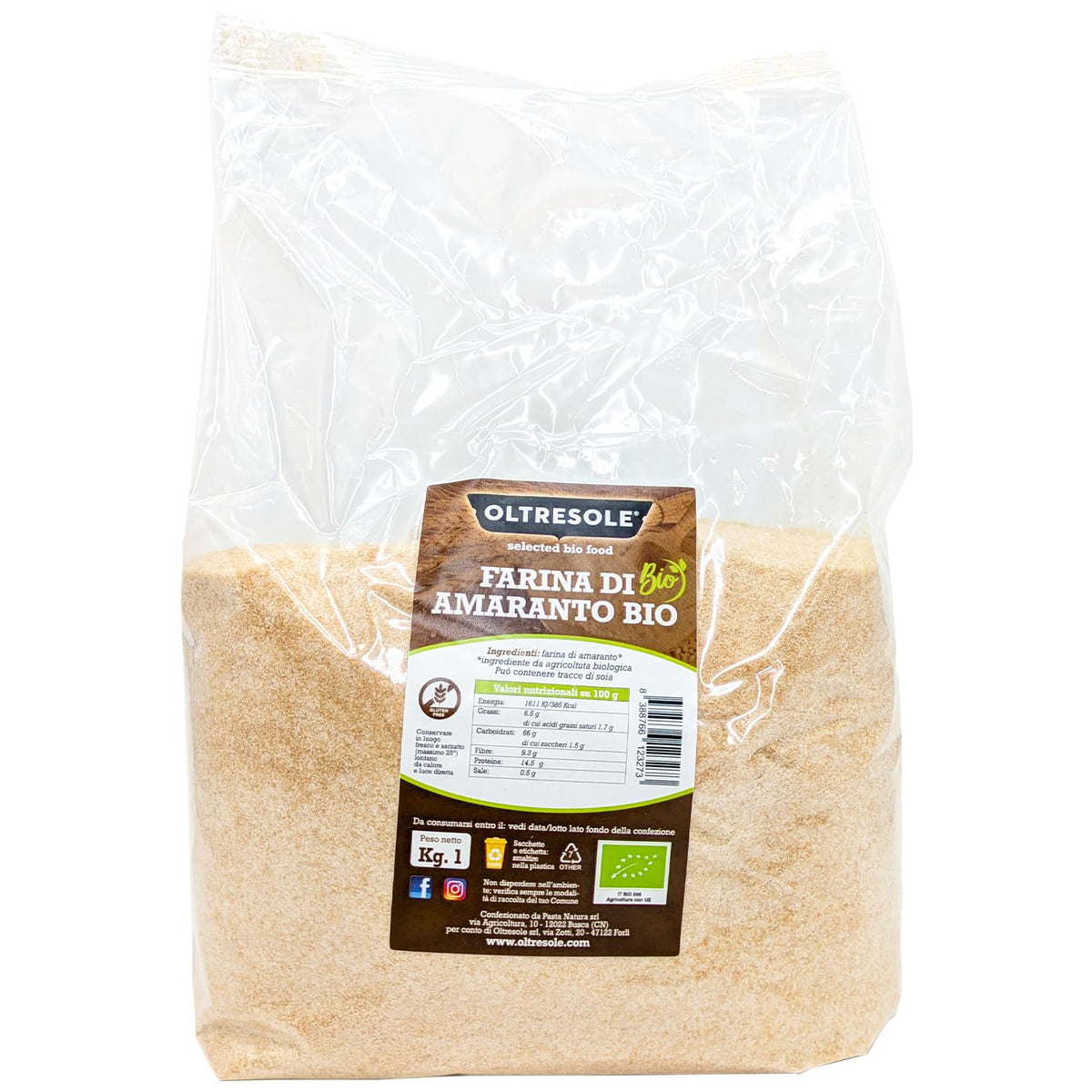 Oltresole - Farina Biologica di Amaranto Gluten Free 1 Kg - Adatta a Tutti i Consumatori, Senza OGM, Ideale per Celiaci