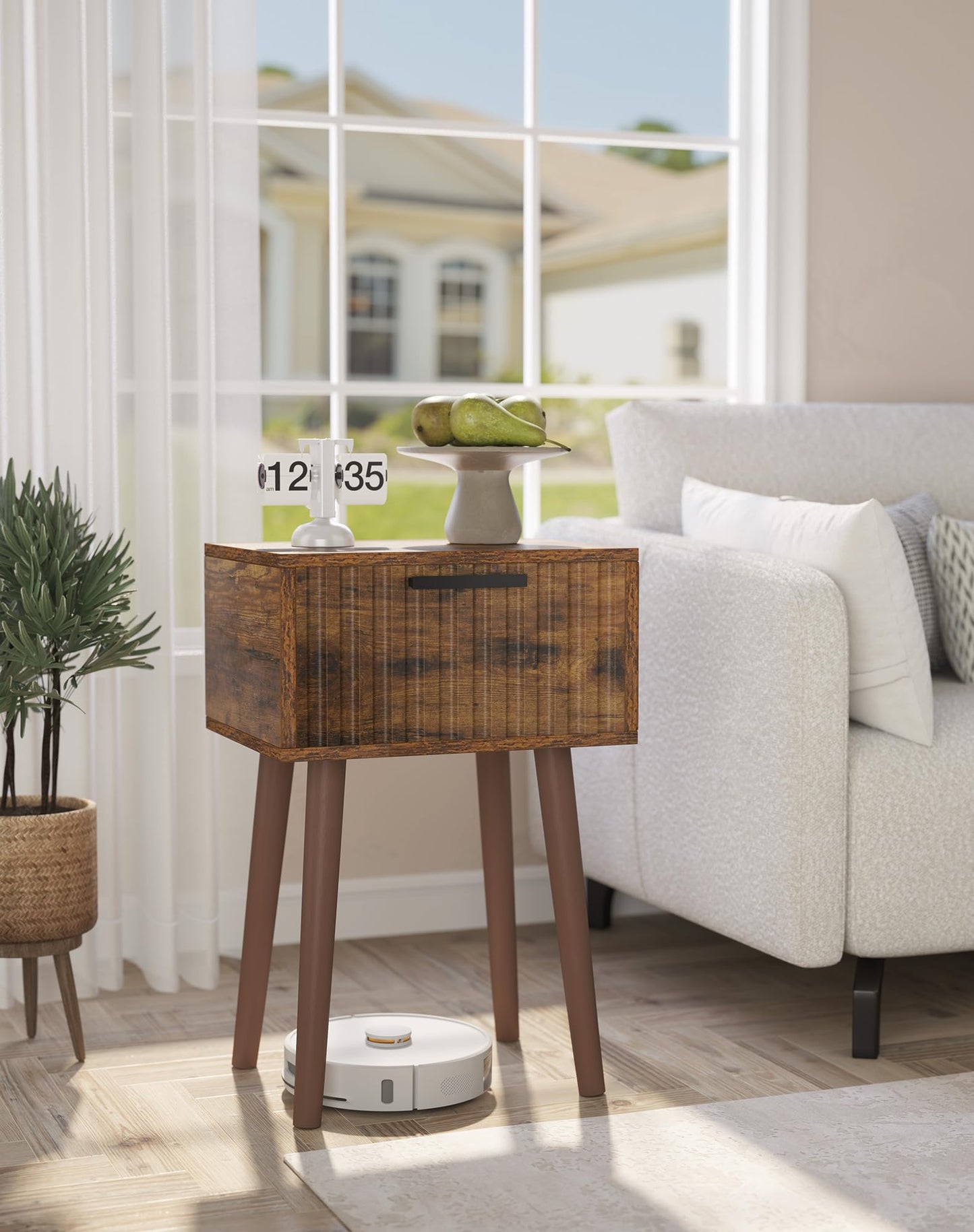 YMYNY Fluted Nightstand Set of 2, Small End Table, Modern Coffee Table with Drawer, Solid Wood Legs, Retaining Chain, 35x27x53cm