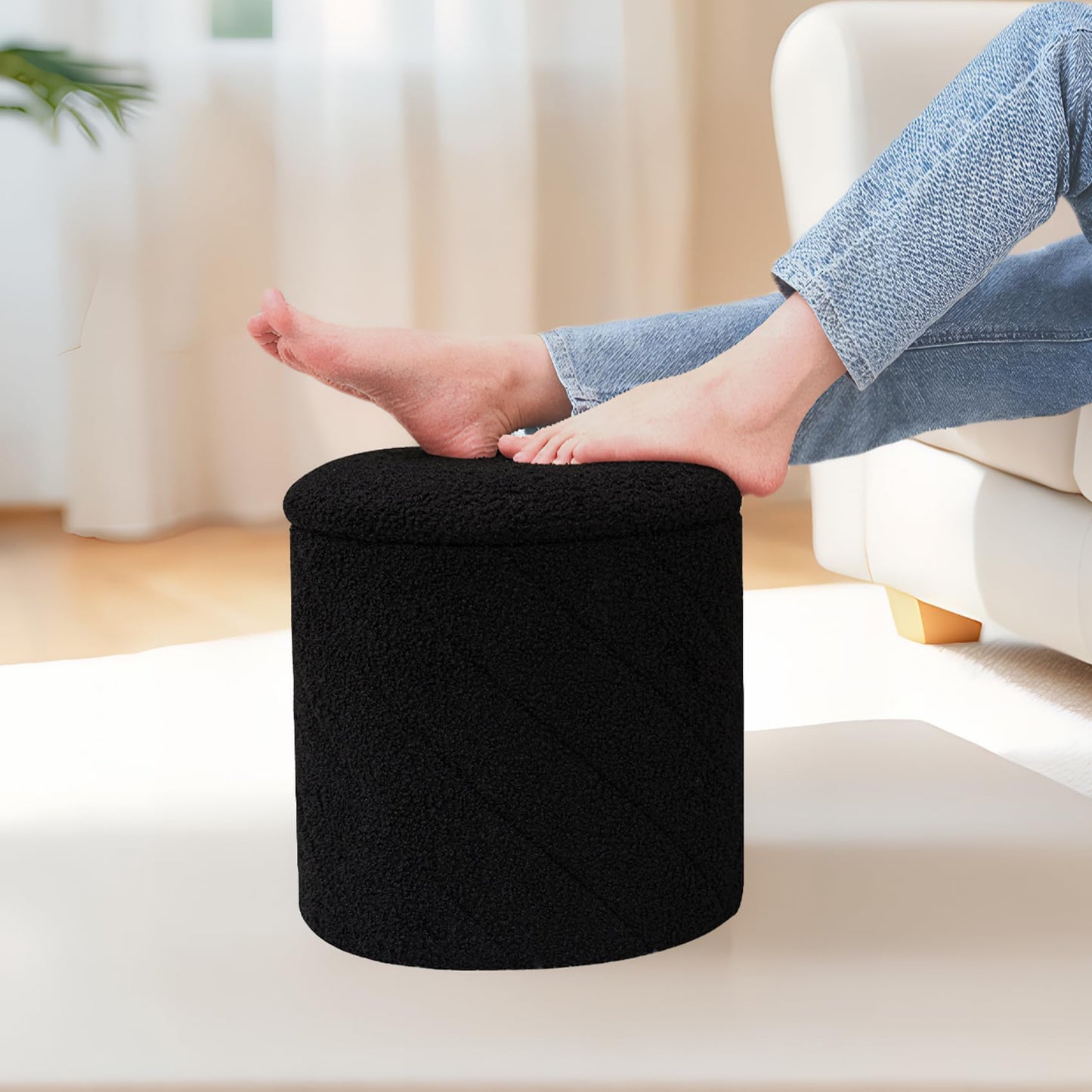 PINPLUS Round Ottoman Storage Box, Folding Stool, Black, 33x33x35 cm