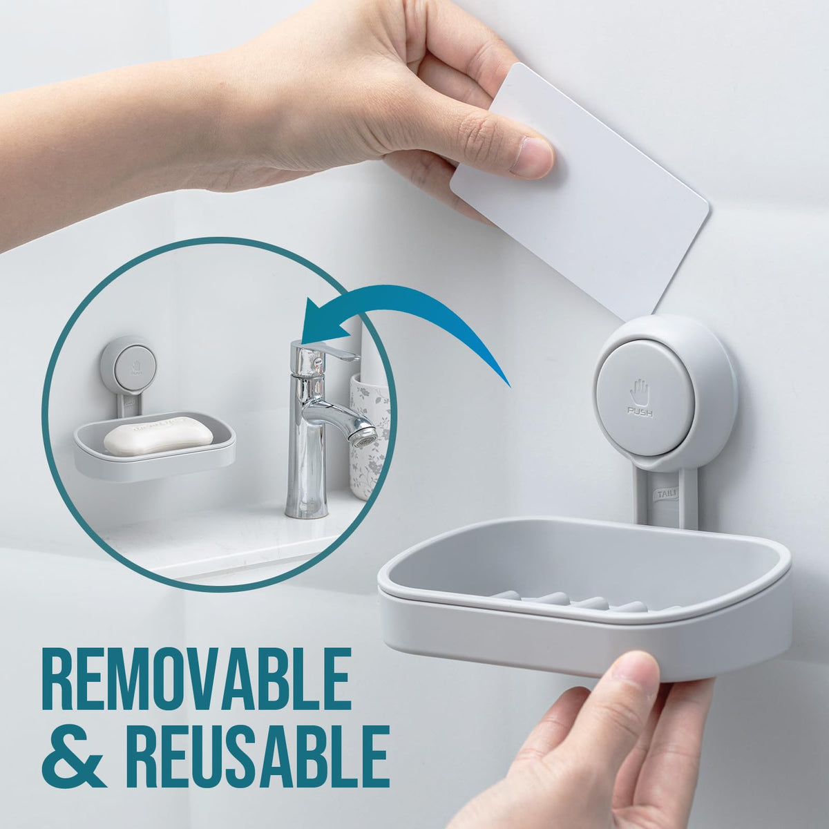 TAILI Suction Soap Dish for Shower, Drill-Free Wall Mounted Holder, Grey
