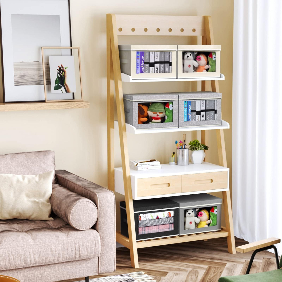 DIMJ 3 Pack Foldable Storage Boxes with Lids - Storage Bins with Clear Window, Fabric Storage Basket with Handle Wardrobe Organiser for Clothes, Toys