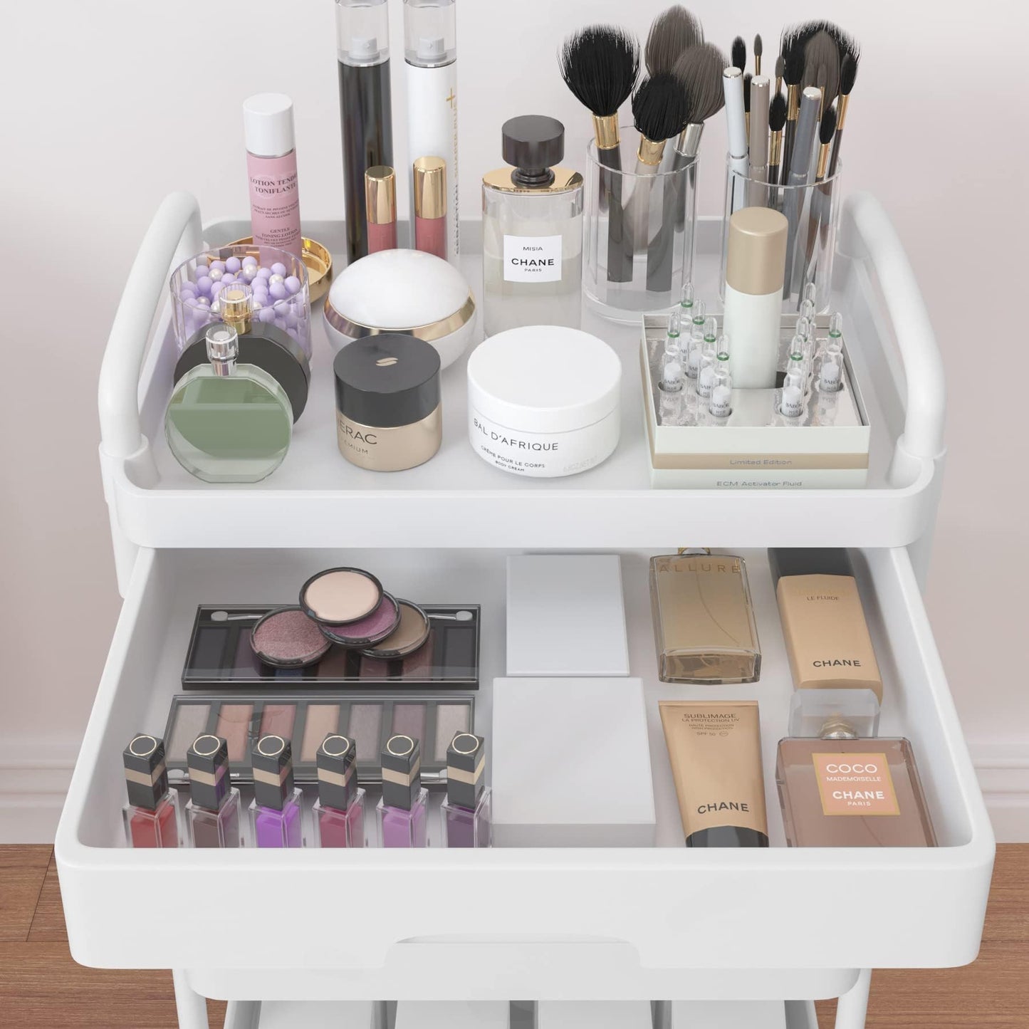 Wuciray Beauty Trolley on Wheels 3 Tier Storage Trolley with Drawer Plastic Beauty Trolleys Rolling Utility Cart Craft Trolleys on Wheels for Home