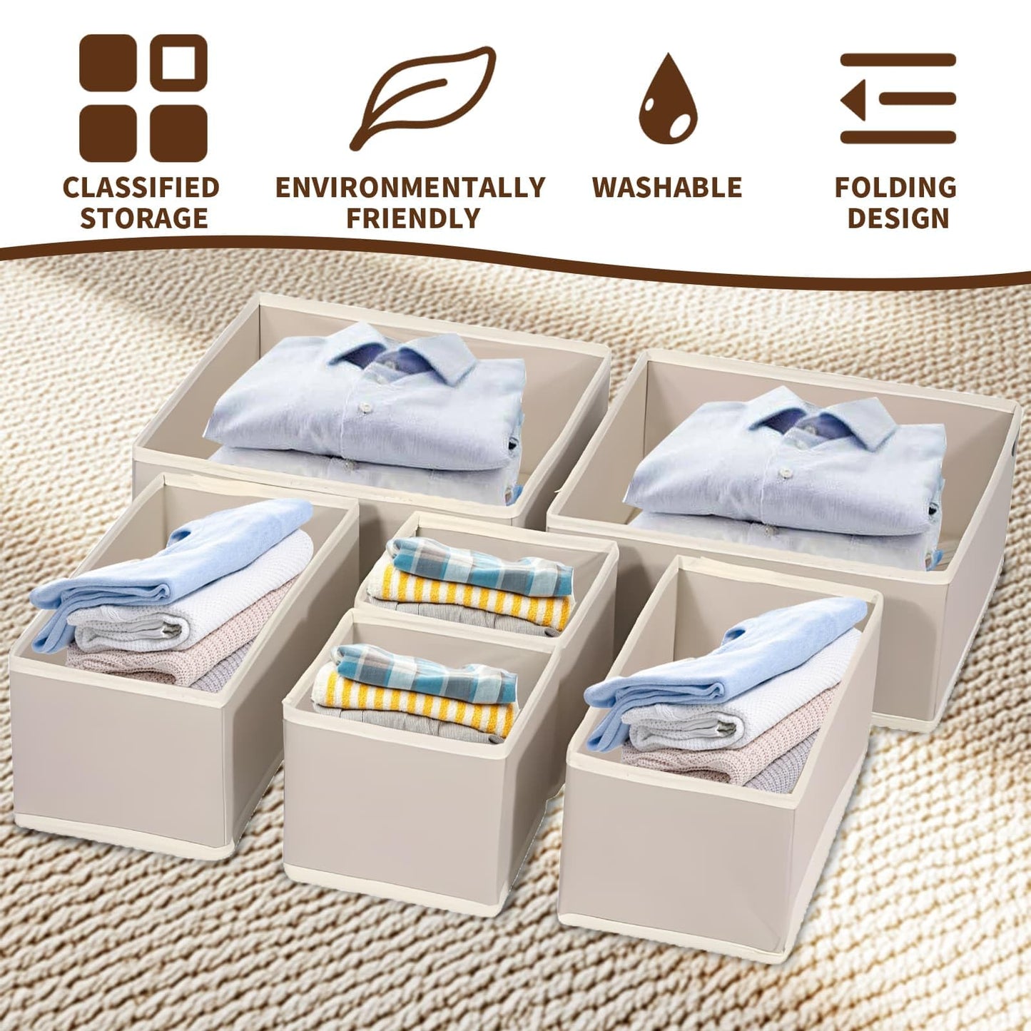 Clothes Drawer Folding Wardrobe Organisers 12-Piece Drawer Dividers(Khaki)