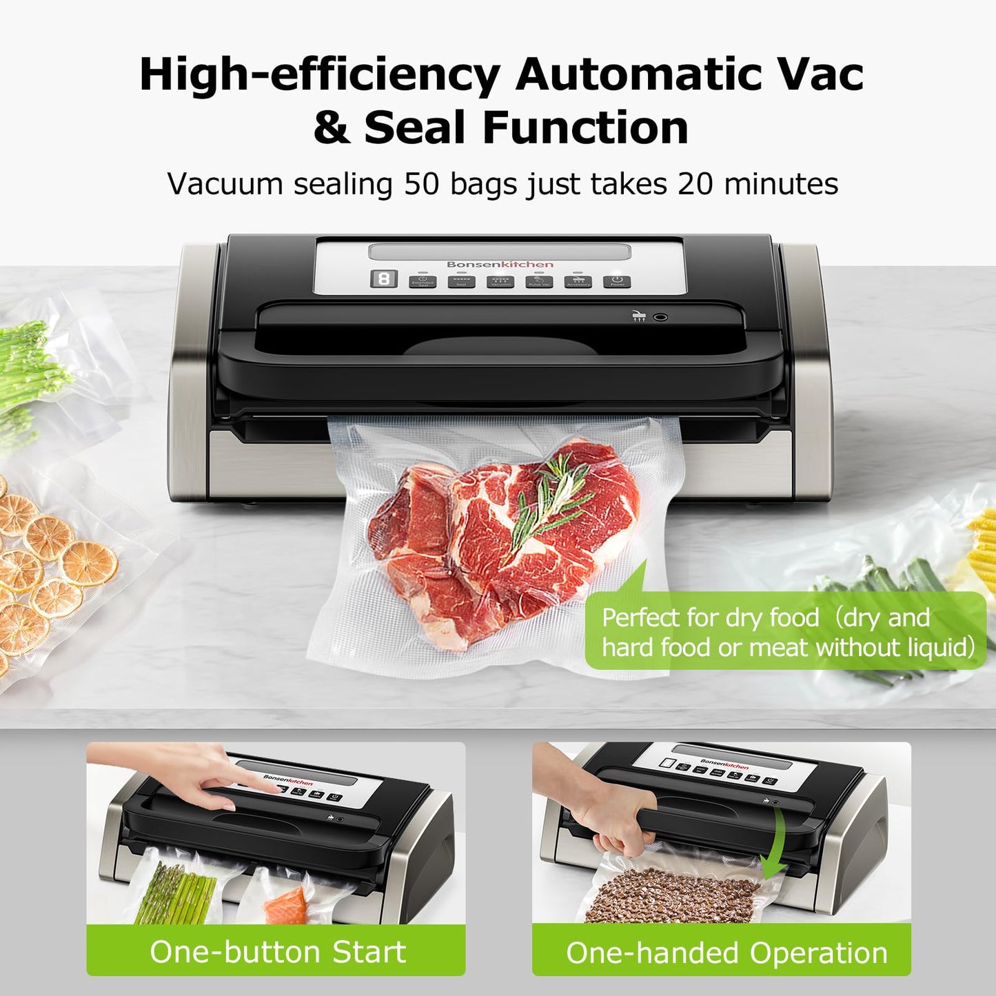 Bonsenkitchen Vacuum Sealer Machine, Globefish Technology for Powerful Vacuum Sealing, Low-Noise, Built-in Cutter and Bag Storage, Includes 2 Rolls