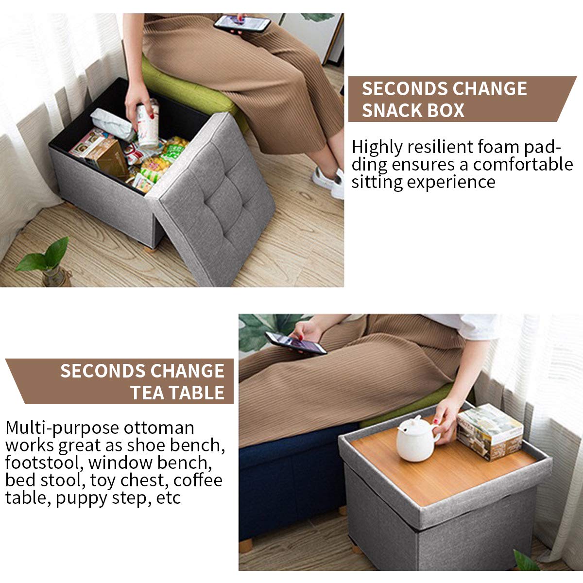BRIAN & DANY Folding Ottoman Storage Box with Wood Legs, Linen Foot Stool, Footstool with Storage, Highly Elastic Sponge Filling, Light Gray, 38 x 38