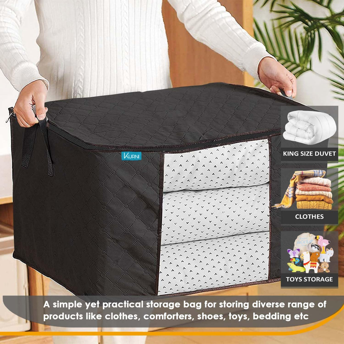 KURNI Storage Bags | Clothes Organizer Boxes, Foldable 6 Pack Black, 90L Capacity, 3 Sided Zipper Moving Large Bag. Dust & Moisture Proof