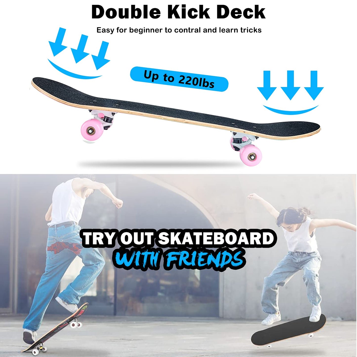 Skateboard,31 x 8 Inch Complete Skateboard, 8-Layer Maple Wood Deck Double Kick Standard Skateboards for Kids, Teens, Adult, Beginner (Pink)