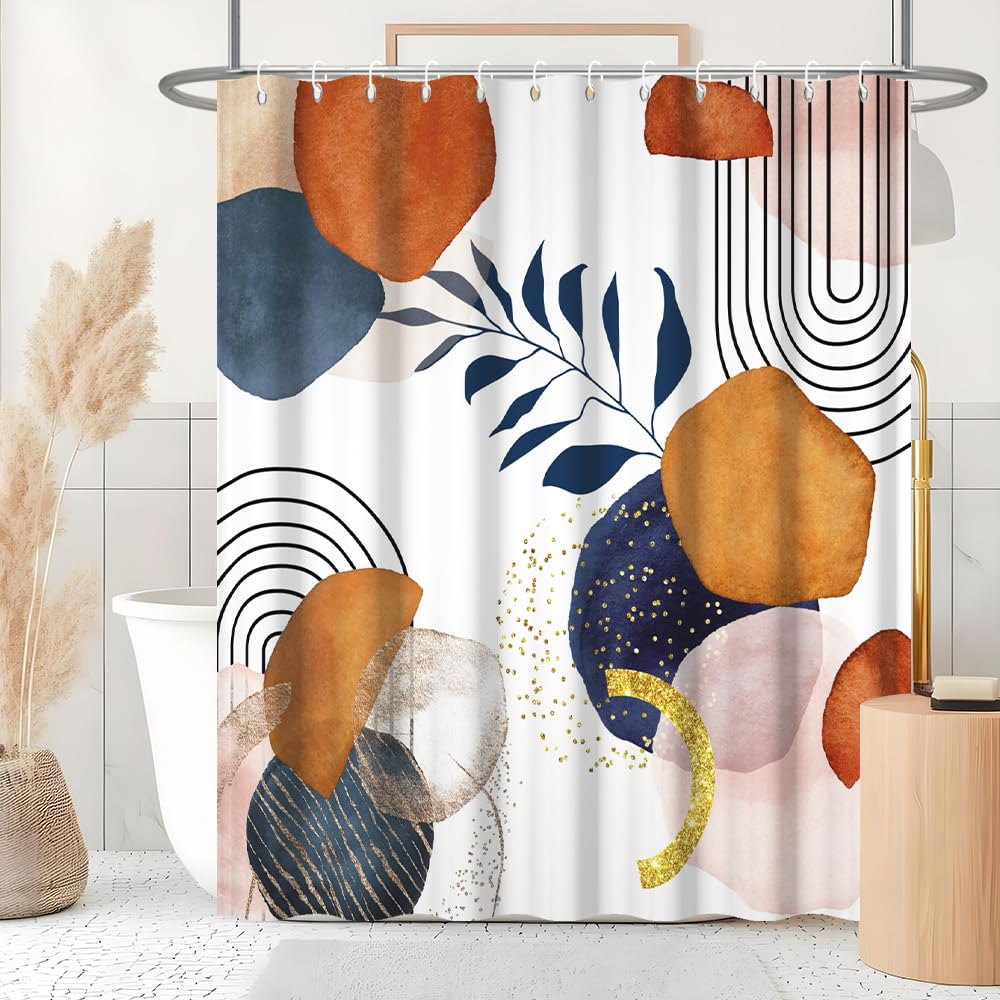 Uiiooazy Abstract Shower Curtain, Boho Mid Century Blue Terracotta Modern Minimaliste Geometric Bath Curtain Anti Mildew Waterproof Polyester Fabric