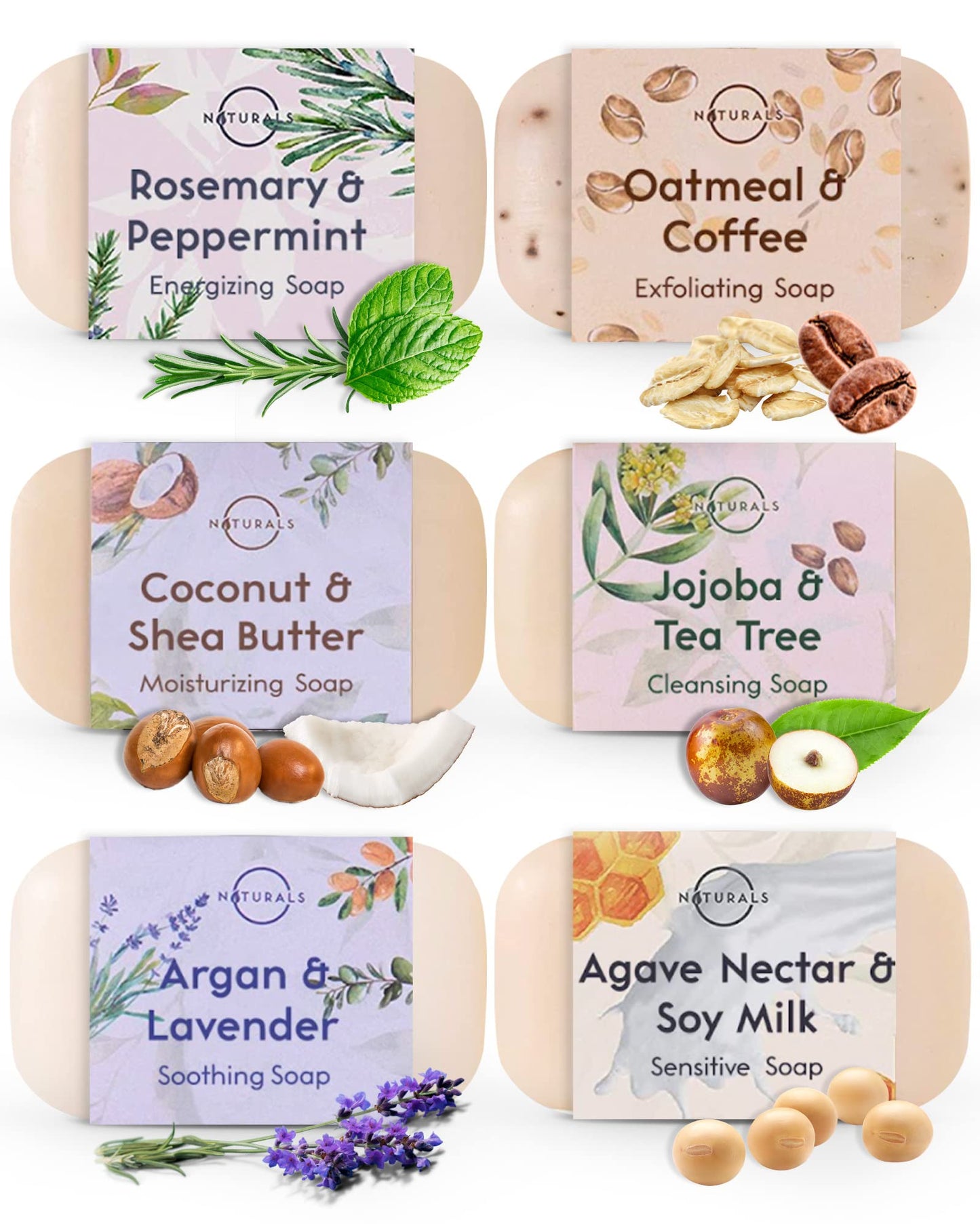 O Naturals Organic Soap Bar Set ? Natural Bath & Body Soap Bars for Women & Men, Moisturizing Face and Body Bath Gift Collection, 6 Pack