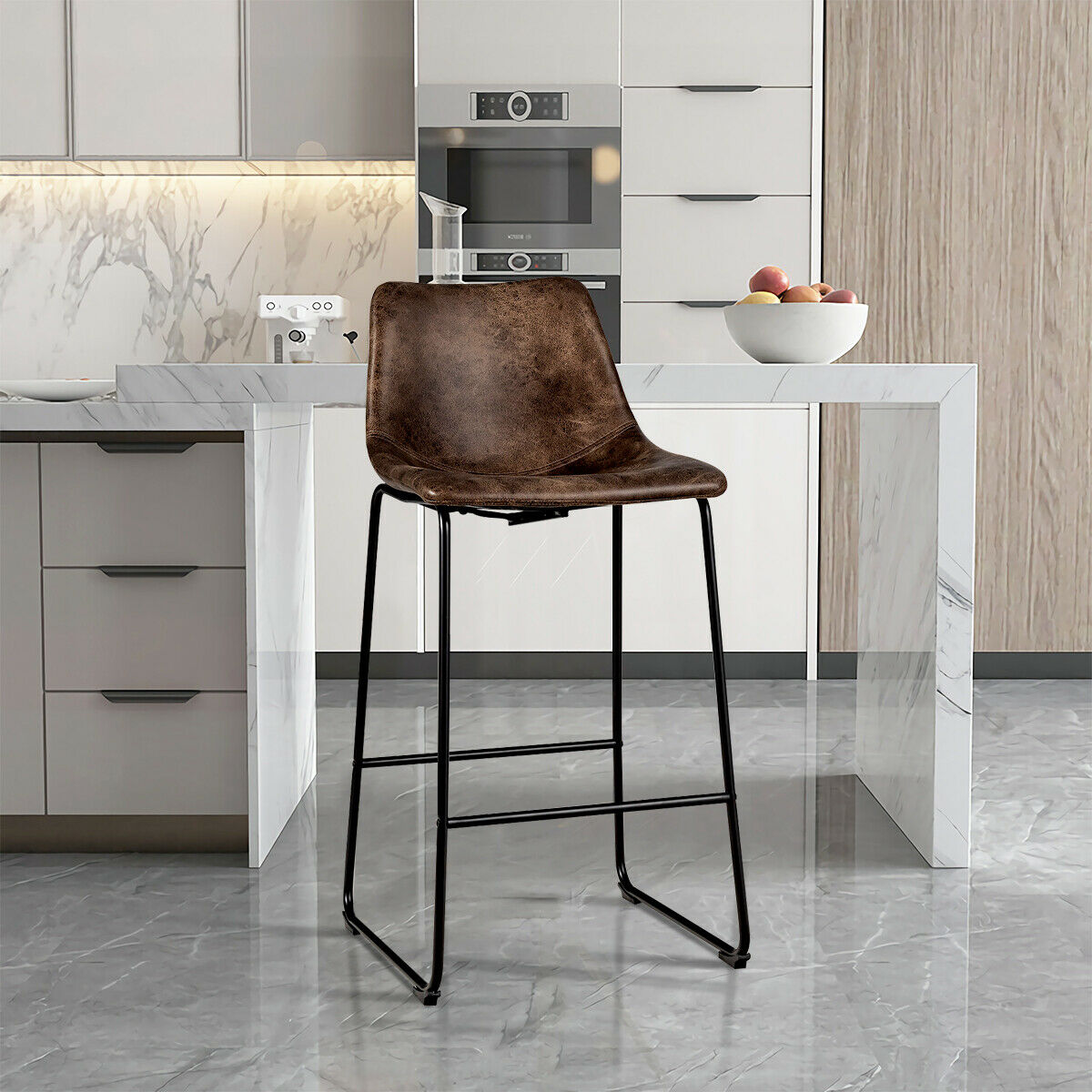 Set of 2 Vintage Faux Suede Bar Stools-Brown