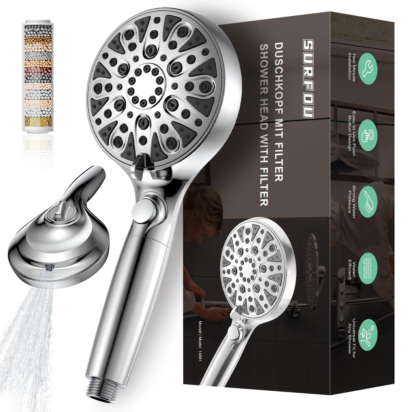 SURFOU Filter Shower Head, Upgraded High Pressure Shower Head with 10 Modes, Universal Water Saving Handheld Showerhead, high Pressure Shower Heads
