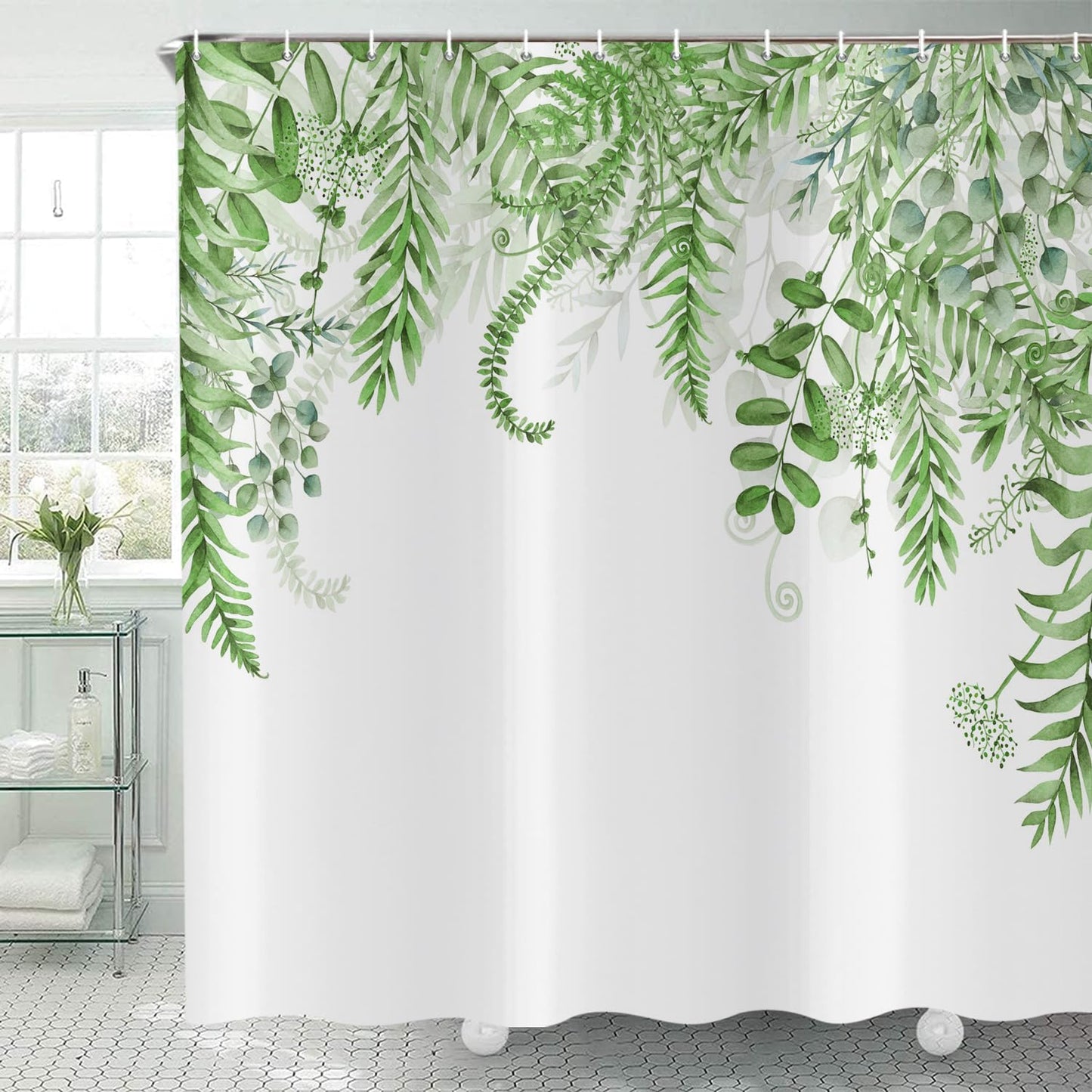 ASDCXZ Green Eucalyptus Shower Curtain 180x200 cm, Green Eucalyptus Leaves Spring Watercolor Plants Waterproof Bath Curtain Polyester Textile