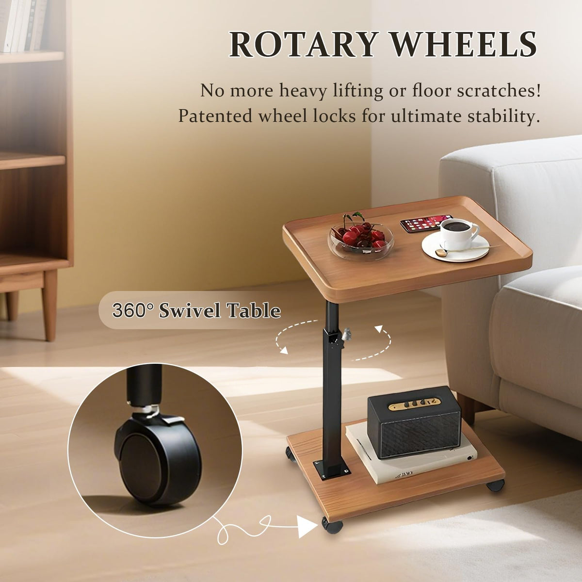C Table End Table Adjustable Height 360° Swivel TV Tray Table With Wheels