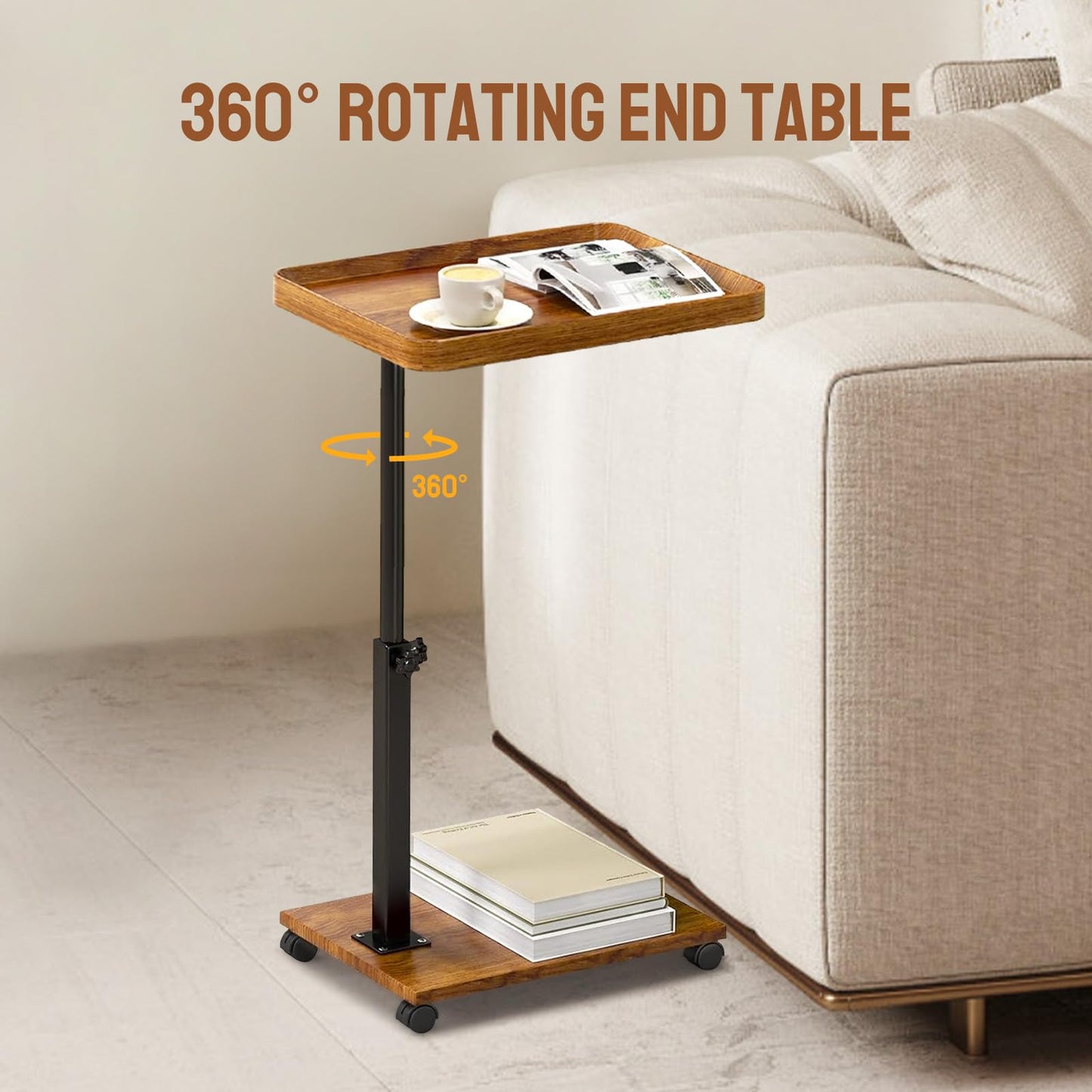 YYW Adjustable C Shaped Side Table with Wheels, 360° Swivel Sofa Table