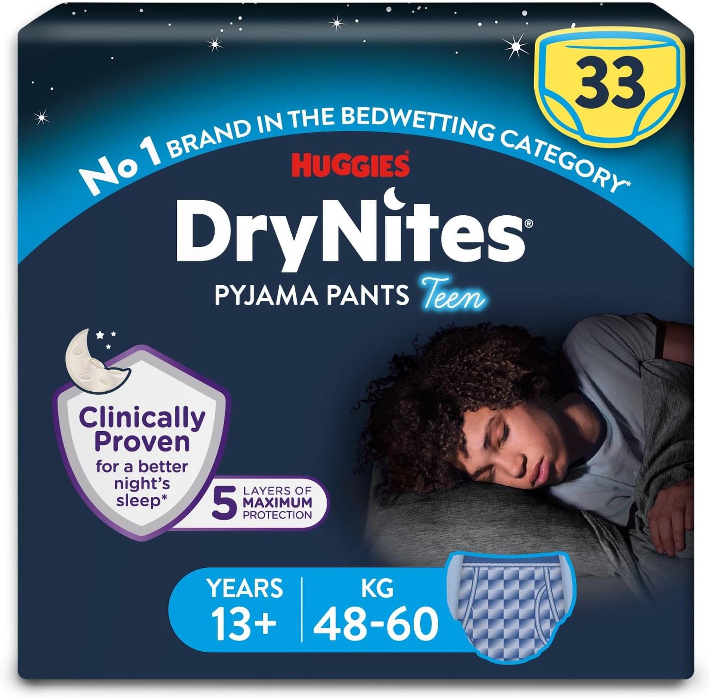 HUGGIES DryNites, Pyjama Pants, Boys 13+ Years , 33 x Bedwetting Pants, new but open scruffy box