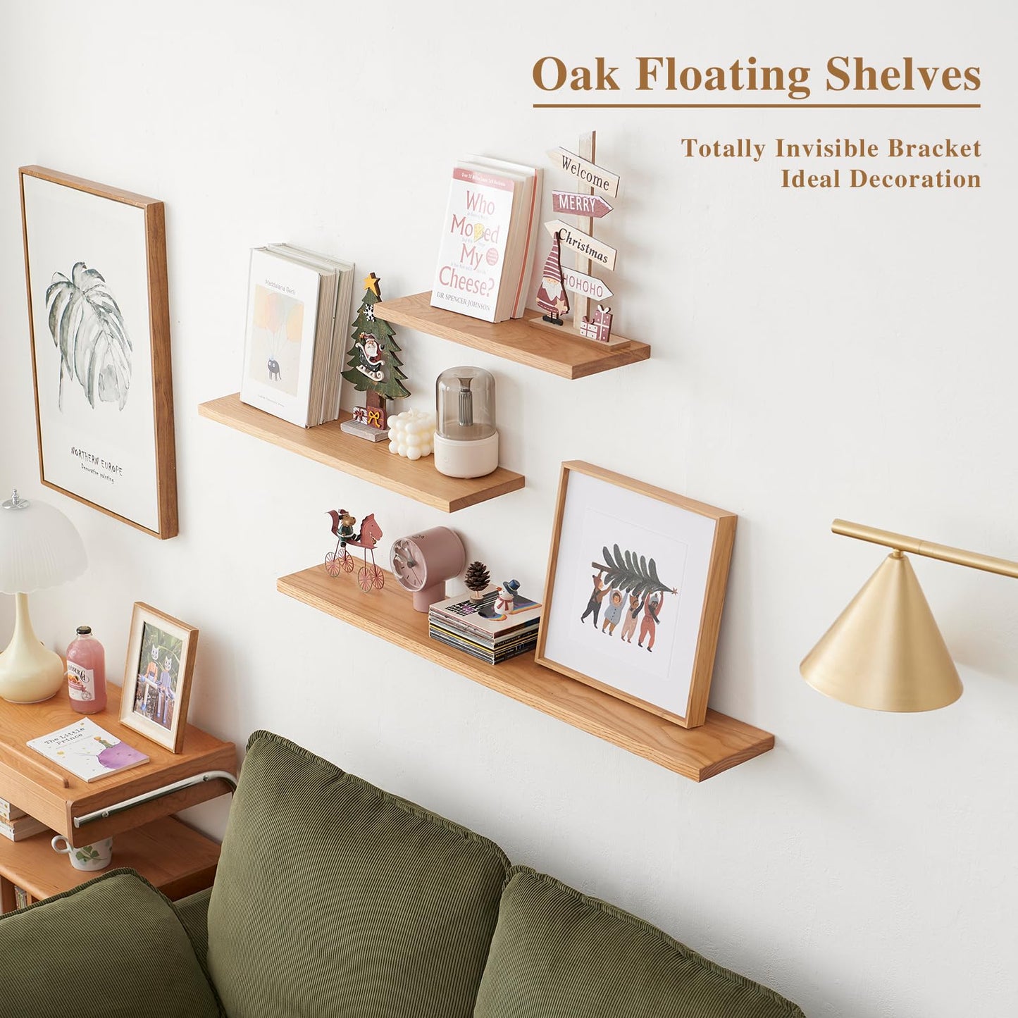 TREOAKWIS Wooden Floating Shelf, Oak Wall Shelf Rustic Floating Solid Wood Bookshelf Wall Mounted Display for Magazine Living Room Bathroom Bedroom