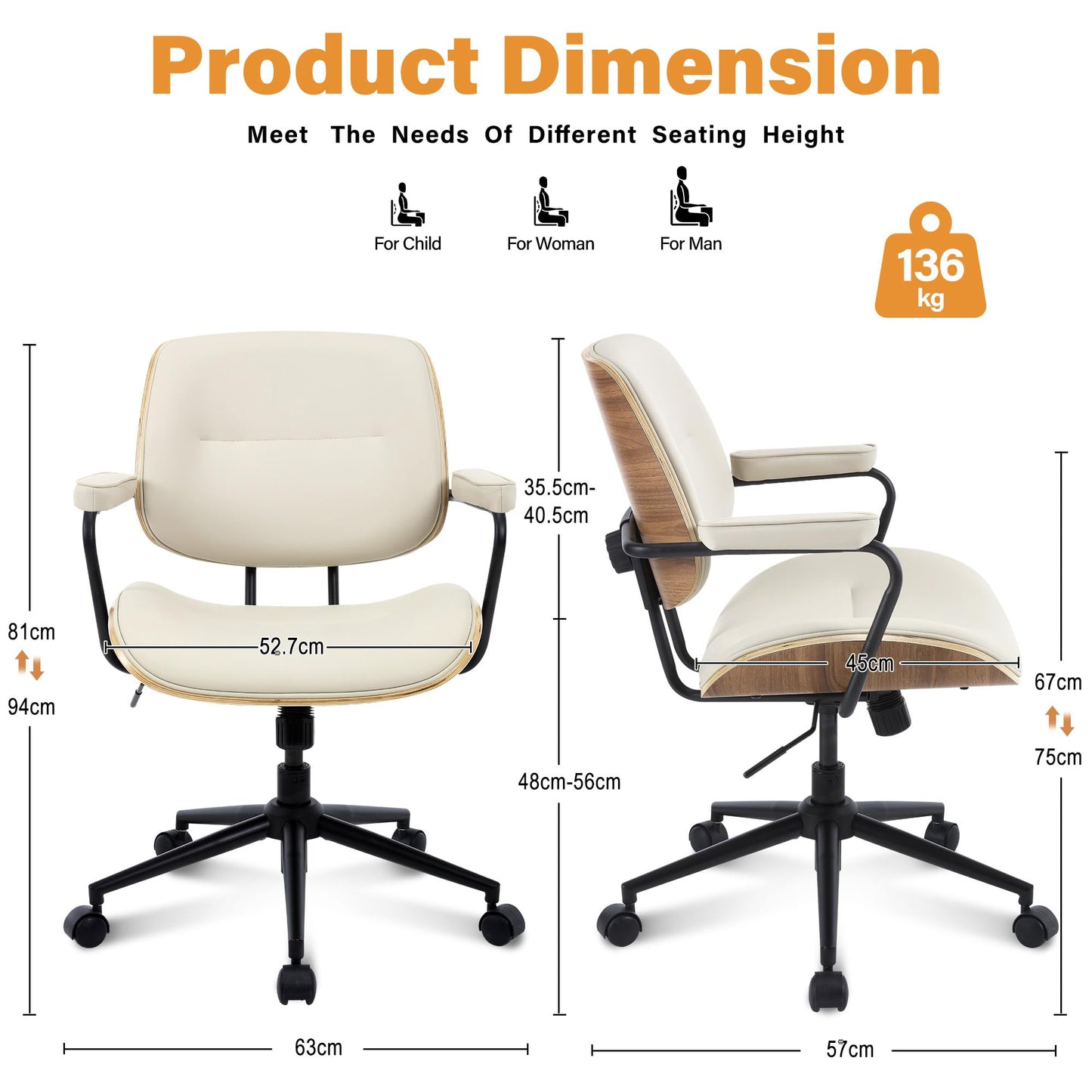 BERYTH Office Computer Desk Chair Mid Century Modern Office Chair Swivel Rolling Task Chair with Armrests and Walnut Back, Adjustable