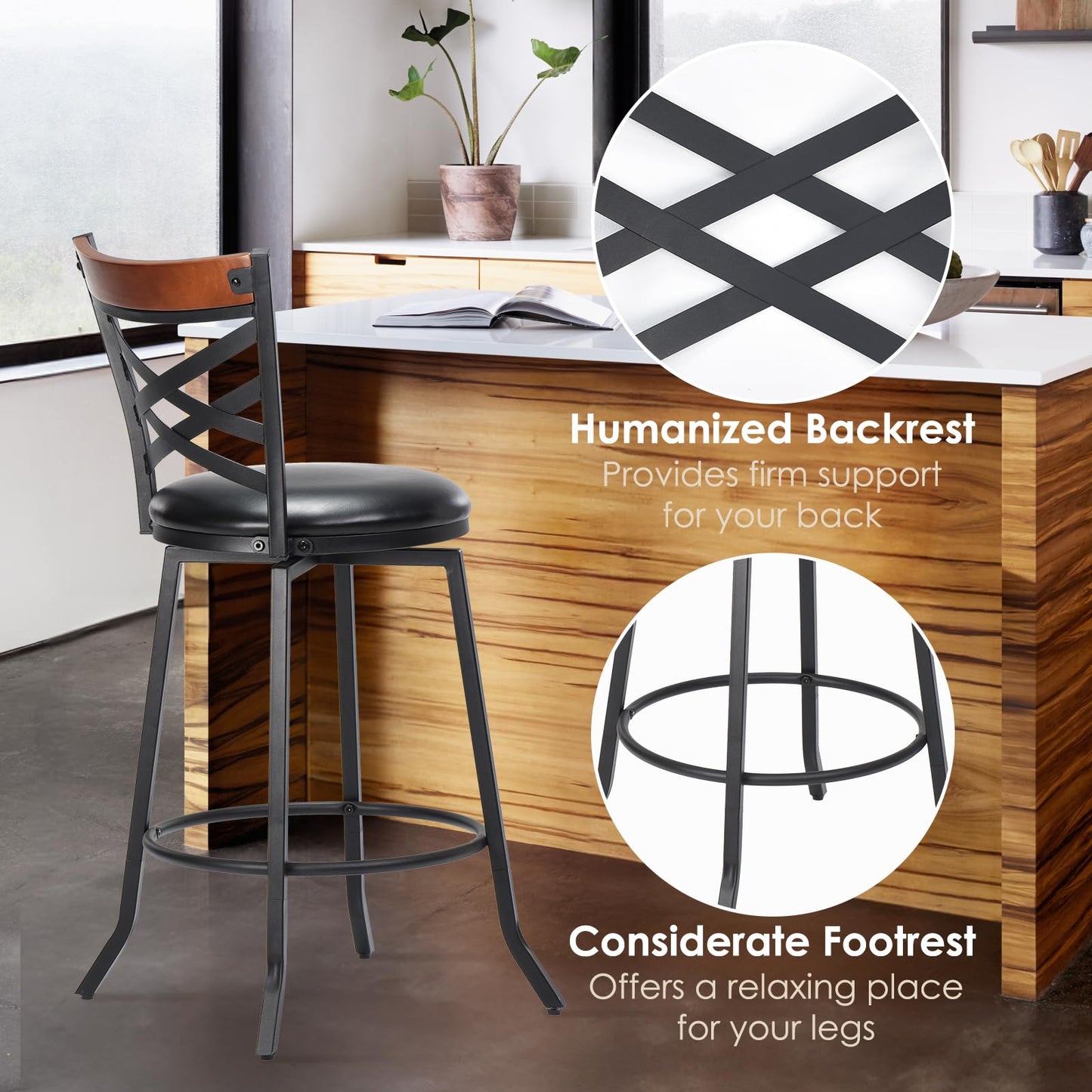 Farini Swivel Bar Stools Set of 2, Country Style Chairs with Back and Footrest for Kitchen Island, Pub, Restaurant
