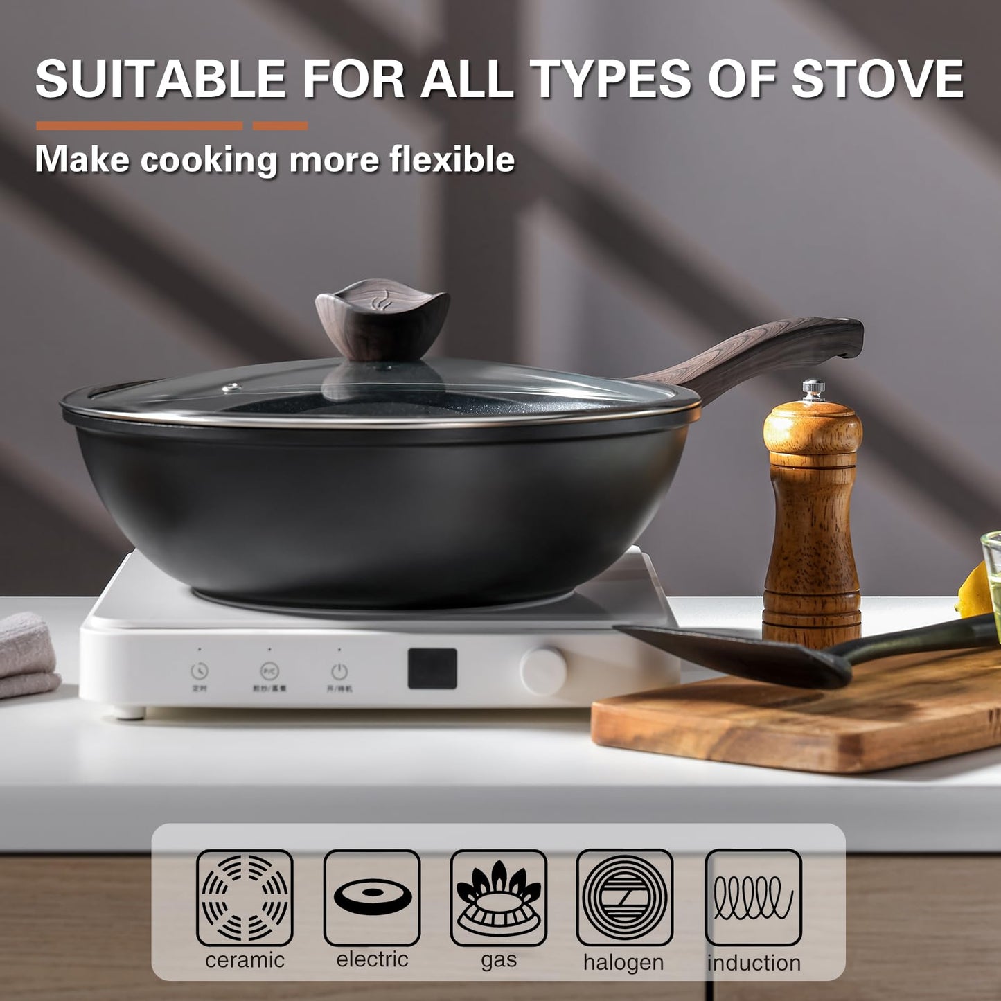 Kordisen Non Stick Induction Wok Pan, 30cm Deep Stir-Fry Pans with Lid, Stay Cool Handle, Compatible with All Stovetops, PFOA Free
