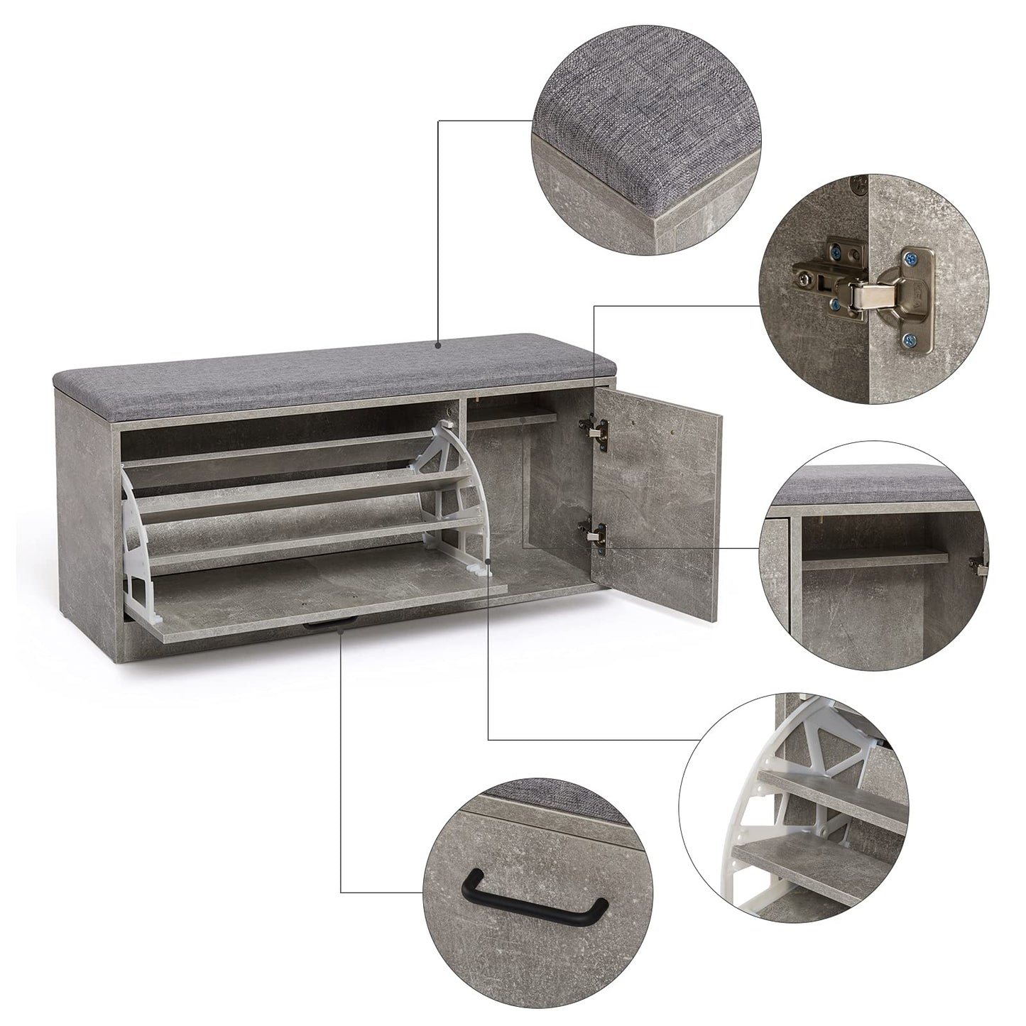 Mondeer Shoe Storage Bench with Cushion, W100 x D30 x H46 cm, Grey