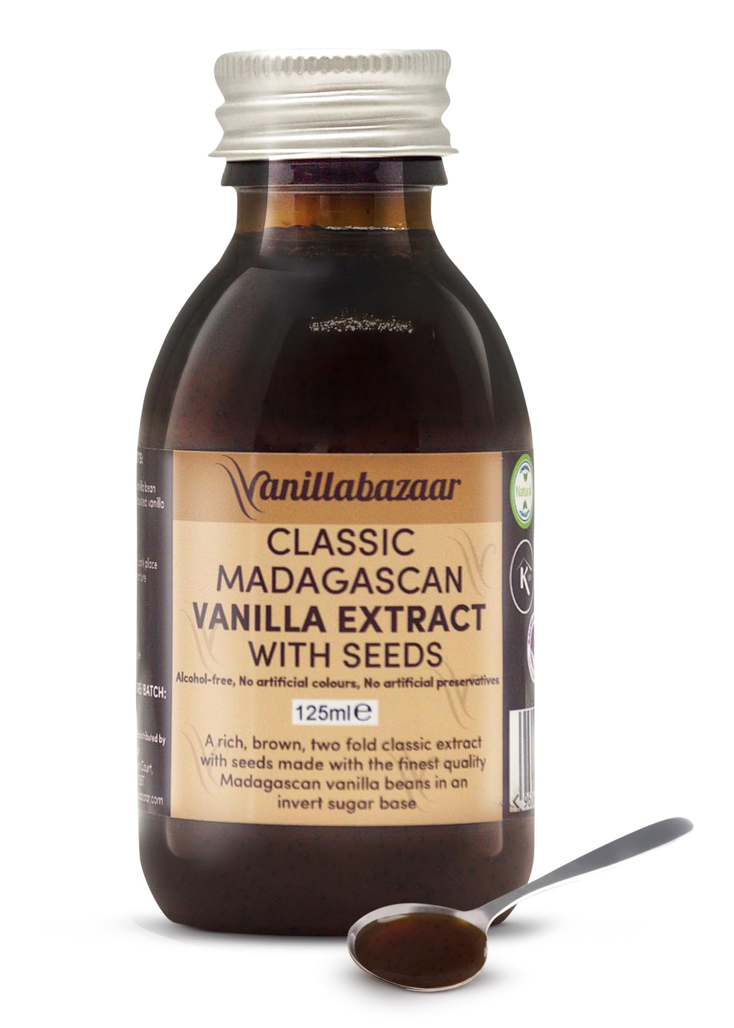 125ml Classic Madagascan Vanilla Extract Double Strength with Seeds - Natural, Kosher, Halal Certified, Vegan, Alcohol-Free - Baking Ingredients |