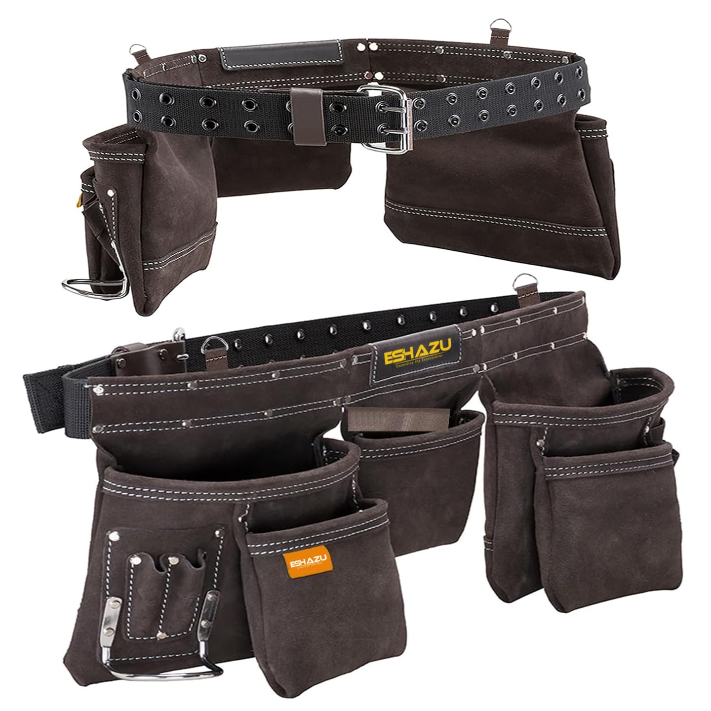 Eshazu Professional Leather Tool Belt - Carpenter Tools Belt - Tool Belt for Carpenters with 12 Pockets, Hammer Loop - Suitable for Electricians -