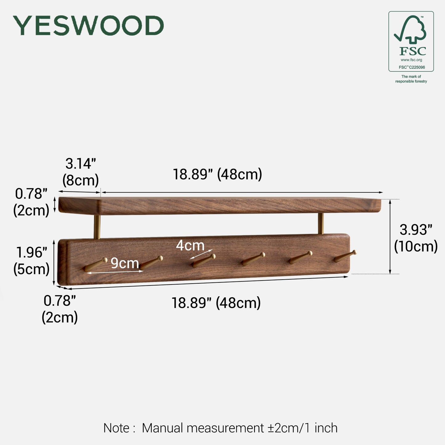 YESWOOD Solid Walnut Wall Mounted Coat Rack with Shelf, 6 Brass Hooks, 48cm