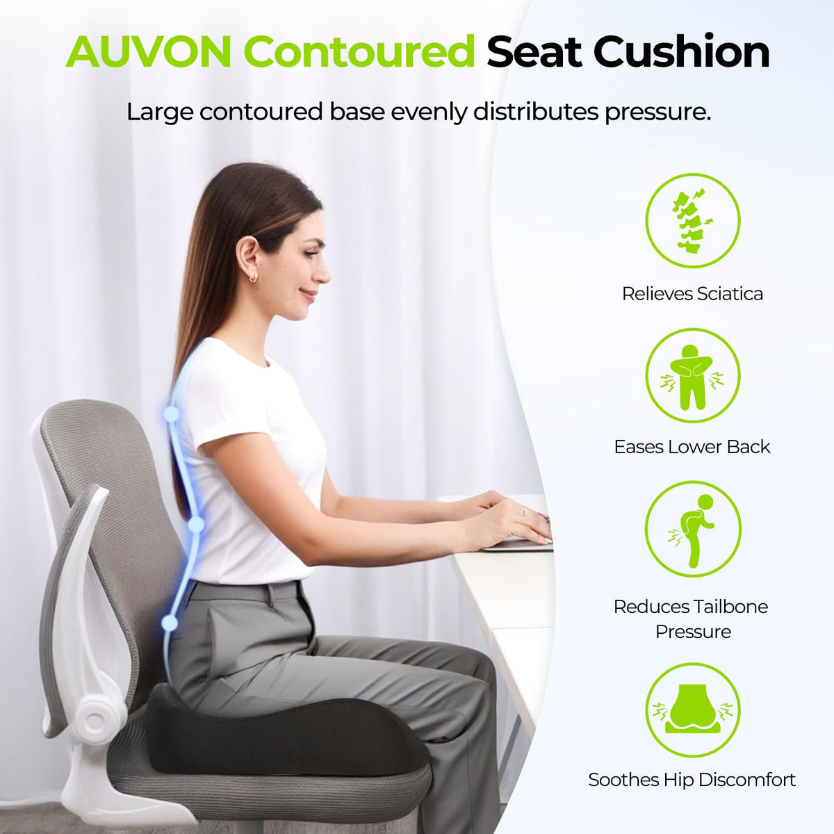 AUVON Contoured Seat Cushion for Tailbone Pain Relief, Sciatica Pressure Relief, Memory Foam Office Chair Cushion for Long Sitting Comfort