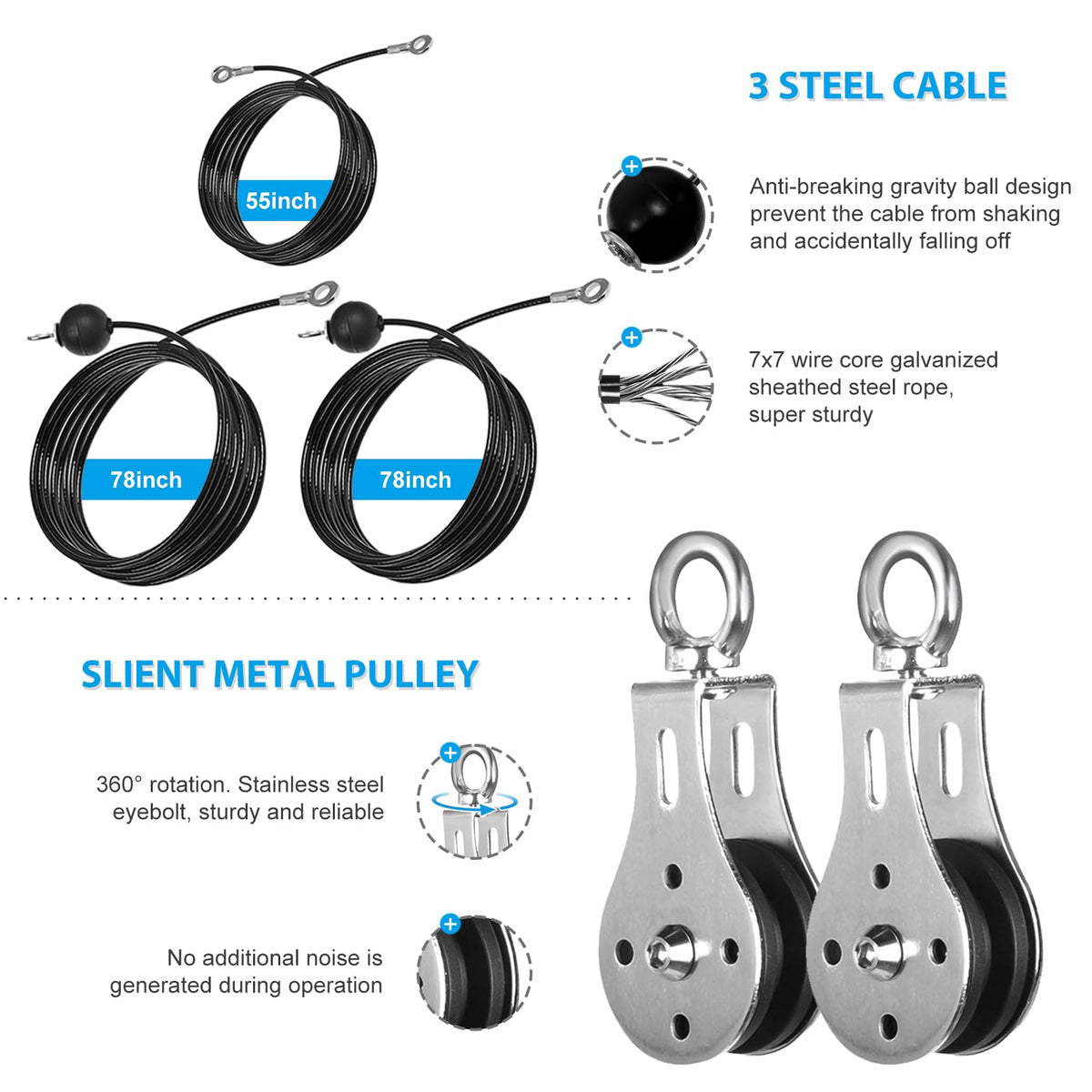 Cable Pulley System Home Gym, Weight Cable Pulley System Fitness Cable Pulley Attachment Home Gym Equipment for LAT Pull Down, Arm Workout (Set with