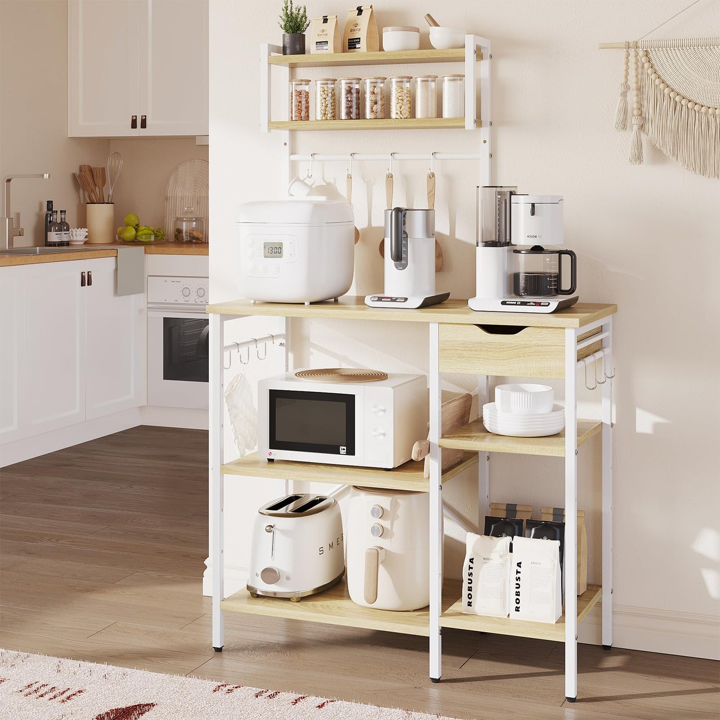 Bestier Microwave Oven Rack, 90cm Large Size, with 2 Height-Adjustable and Removable Shelves, Drawers, 10 S-Hooks, Kitchen Storage Rack (Oak)