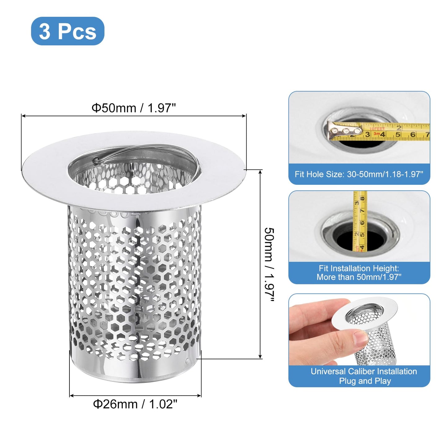 sourcing map 4 Pack Shower Drain Strainer, 2" x 2" 304 Stainless Steel Floor Drain Strainer Deep Sink Hair Catcher for Kitchen Bathroom Balcony Floor