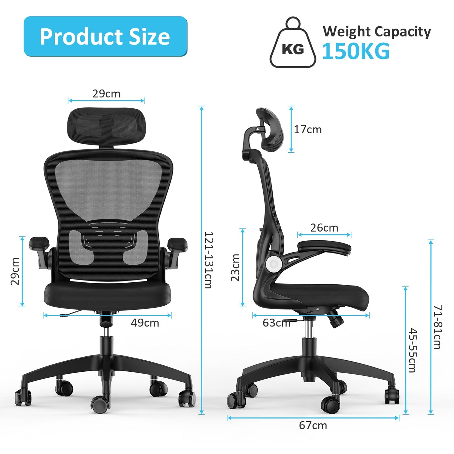 Feonase Ergonomic Office Chair with Adjustable Headrest and Lumbar Support, Mesh Back, Flip-up Armrests and Rocking Function