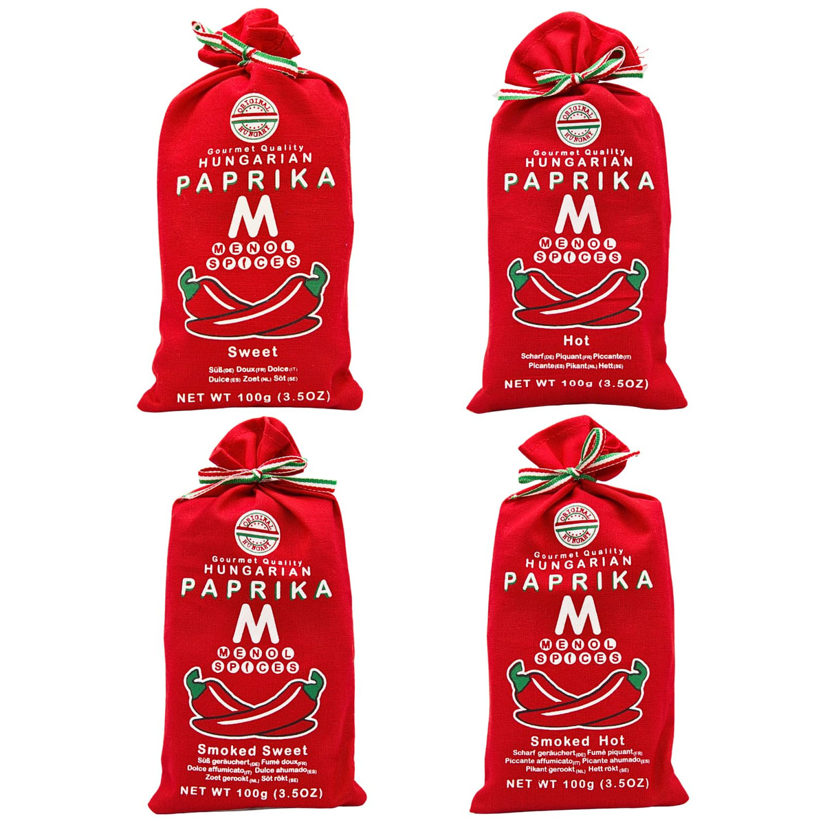 Menol Spices Authentic Hungarian Sweet Paprika Powder (Variety pack, 4x 100g) Premium Gourmet Quality, Produced in region of Szeged, Hungary, Vibrant