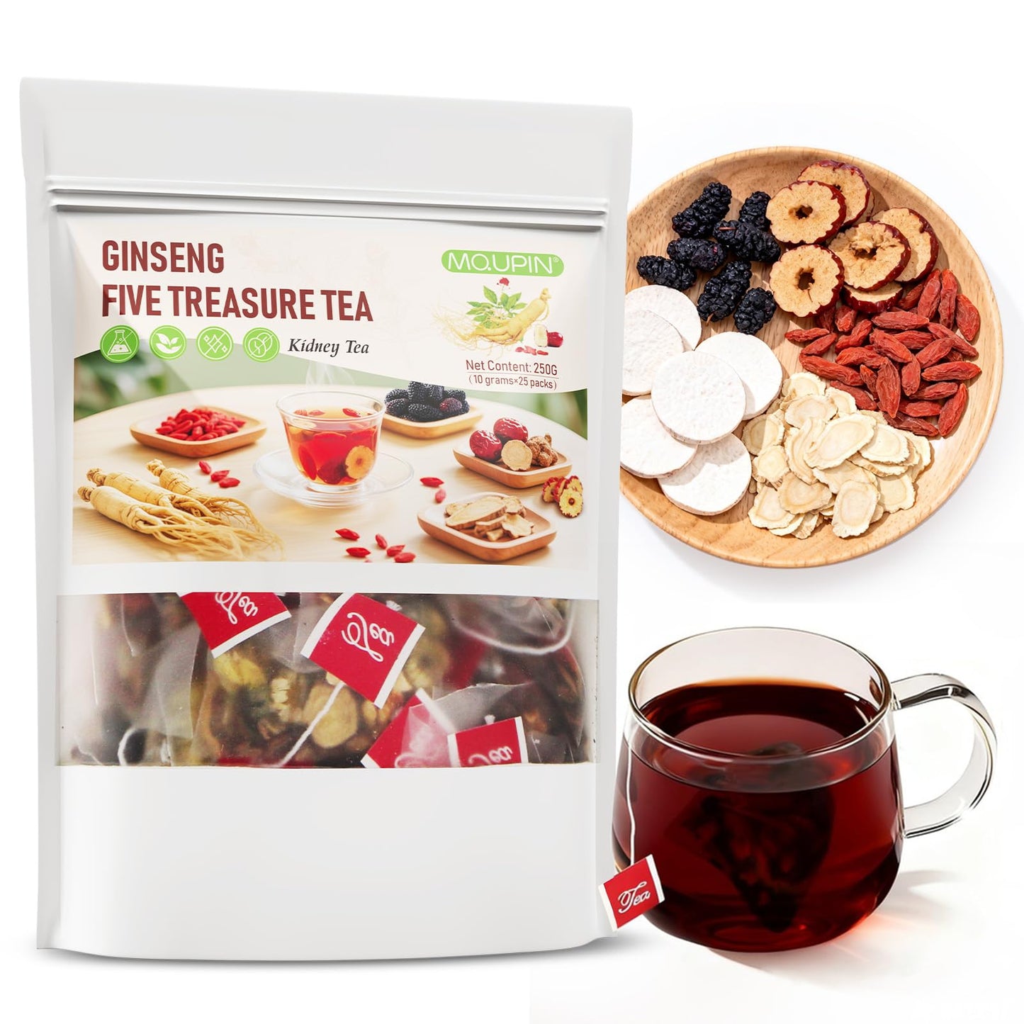 250g Ginseng Five Treasures Tea, 25PCS Natural Liver Cleansing Chinese Herbal Tea, Ginseng, Wolf-berry, Mulberries Tea for Kidney Care for Men and