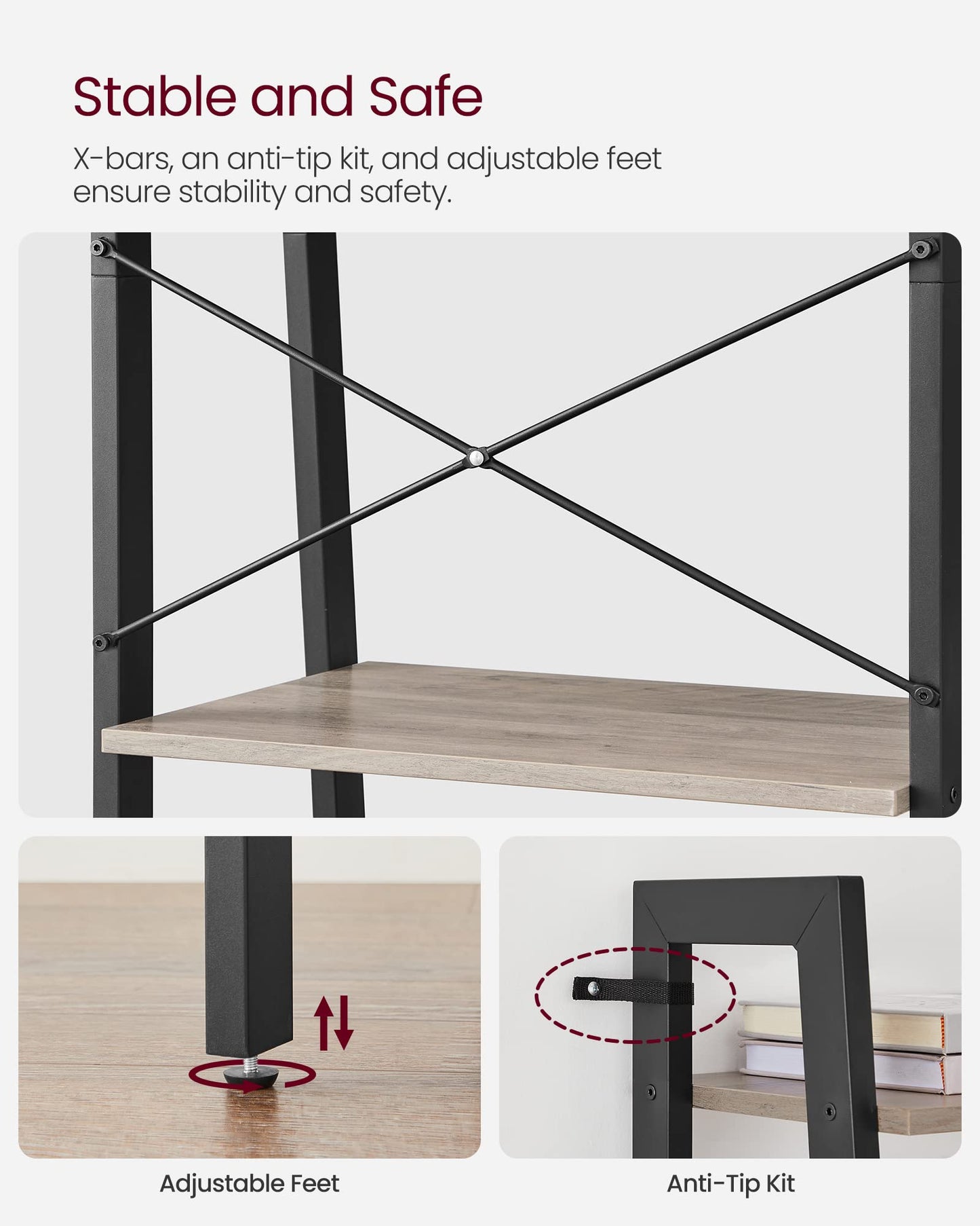 VASAGLE Ladder Shelf, 4-Tier Bookshelf, Bookcase, for Living Room, Bedroom, Kitchen, Home Office, Industrial Style, Steel Frame, Greige and Black