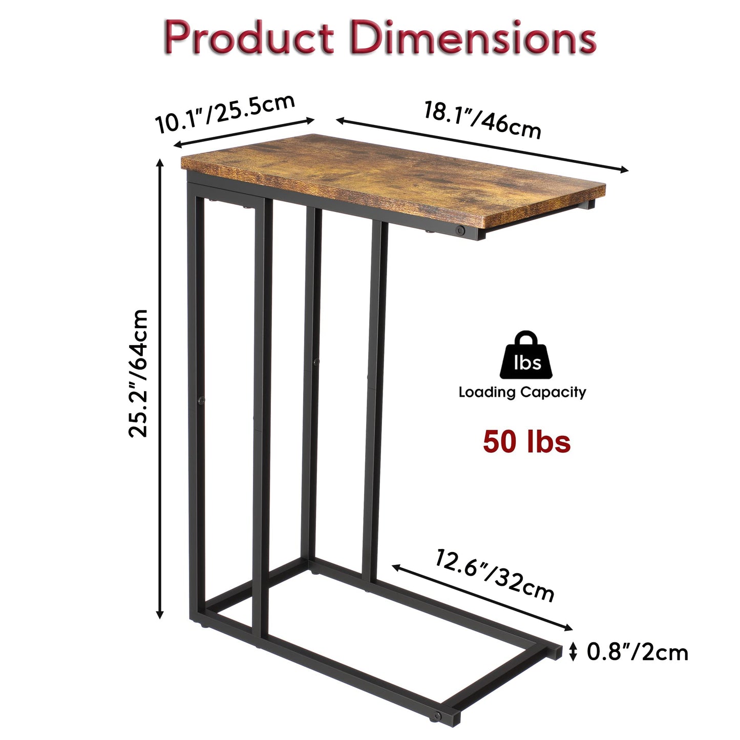Yusong Small C Shaped End Table, Slim Narrow Couch Side Tables Slide Under Sofa Bed, Skinny Snack Tray Table for Coffee Laptop in Living Room, Rustic