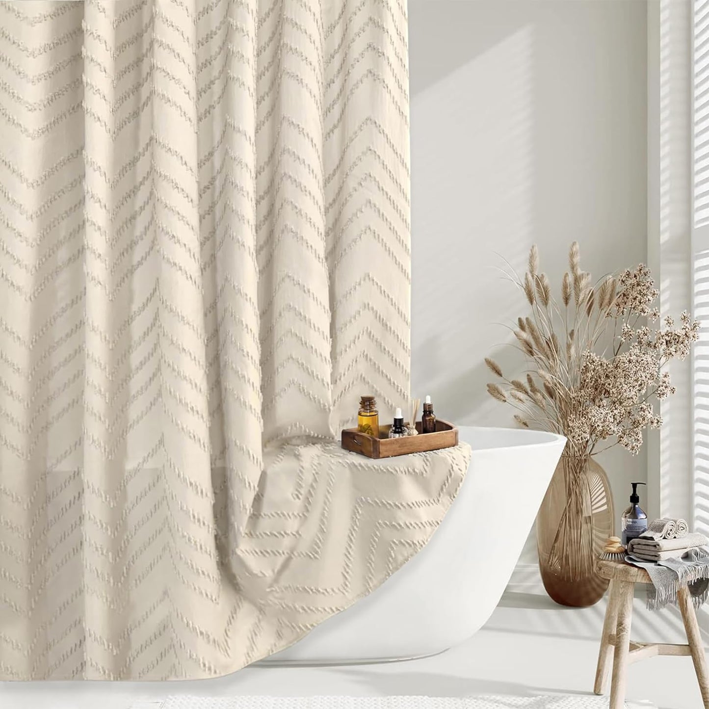 TURKIO Beige Boho Shower Curtain - 72 x 72 Modern Farmhouse, Bohemian Chic Tufted Chevron Textured Striped Minimalist Woven Fabric Cute Beige/Cream