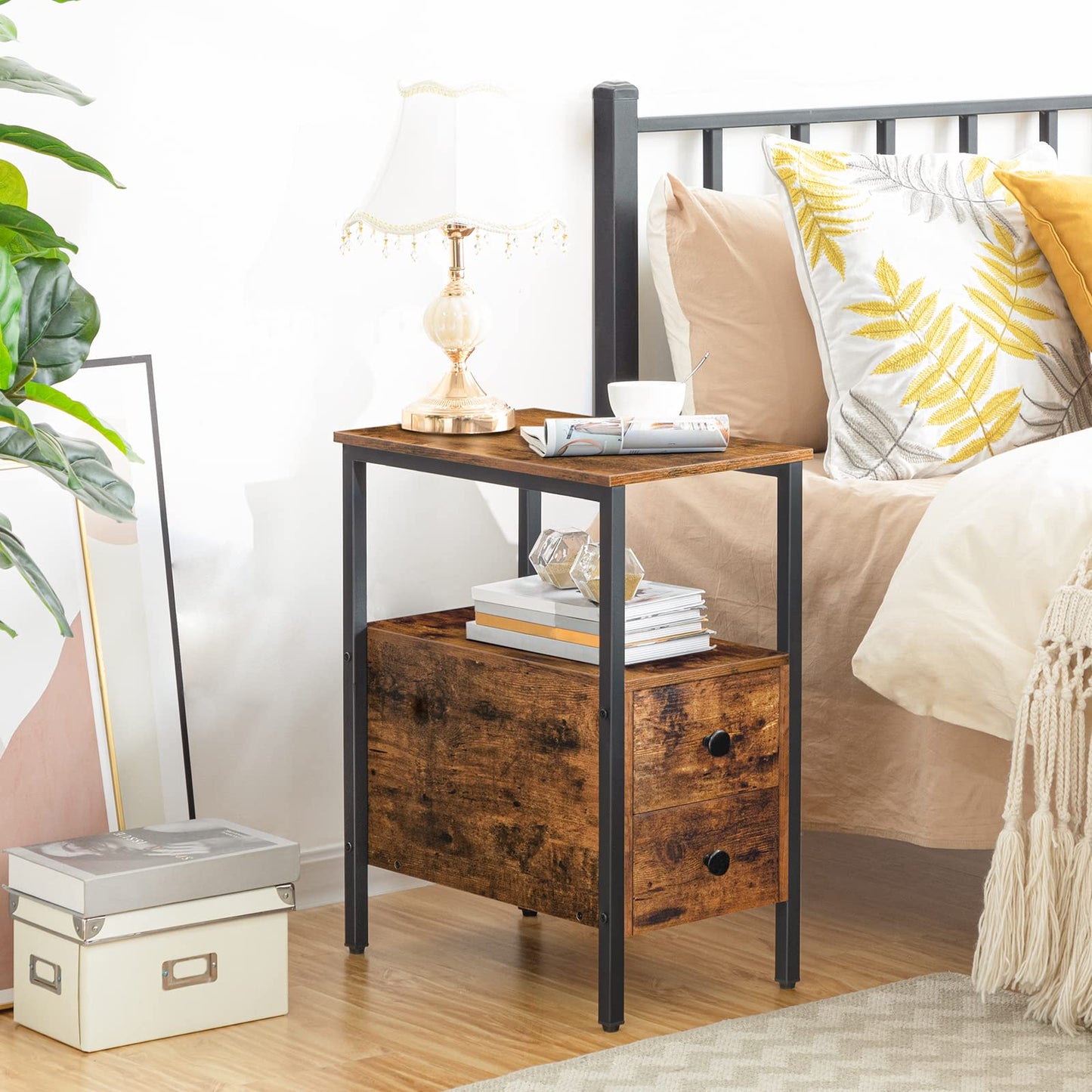 HOOBRO Narrow Side Table, Slim Bedside Table with 2 Drawers, Open Storage Shelf, Industrial Chair Side Lamp End Table for Small Space, Wood Bedroom