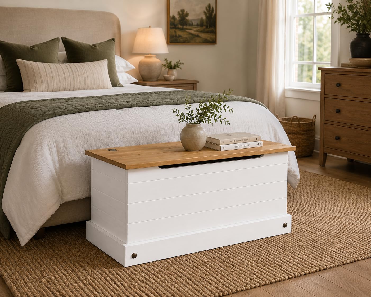 Mews Corona Storage Chest White Bedding Box Storage Ottoman Toy Chest Hinged Lid Mexican Pine Solid Wood