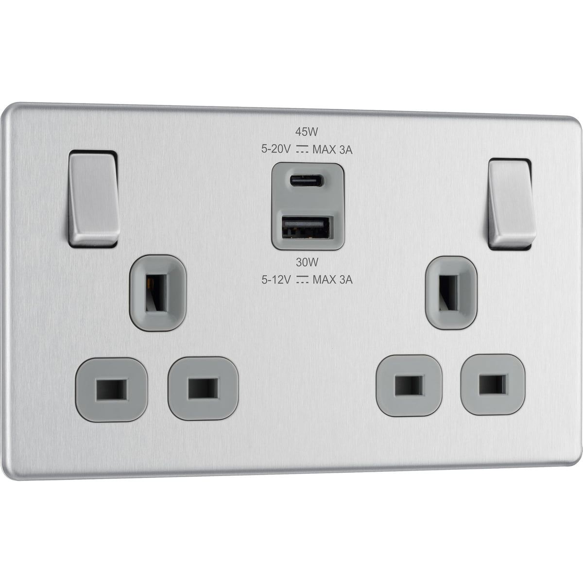 BG Electrical 45W Double Switched Power Wall Plug Socket with Super Fast Charge Type A and C USB Ports, Screwless, Flatplate, Brushed Steel, Grey