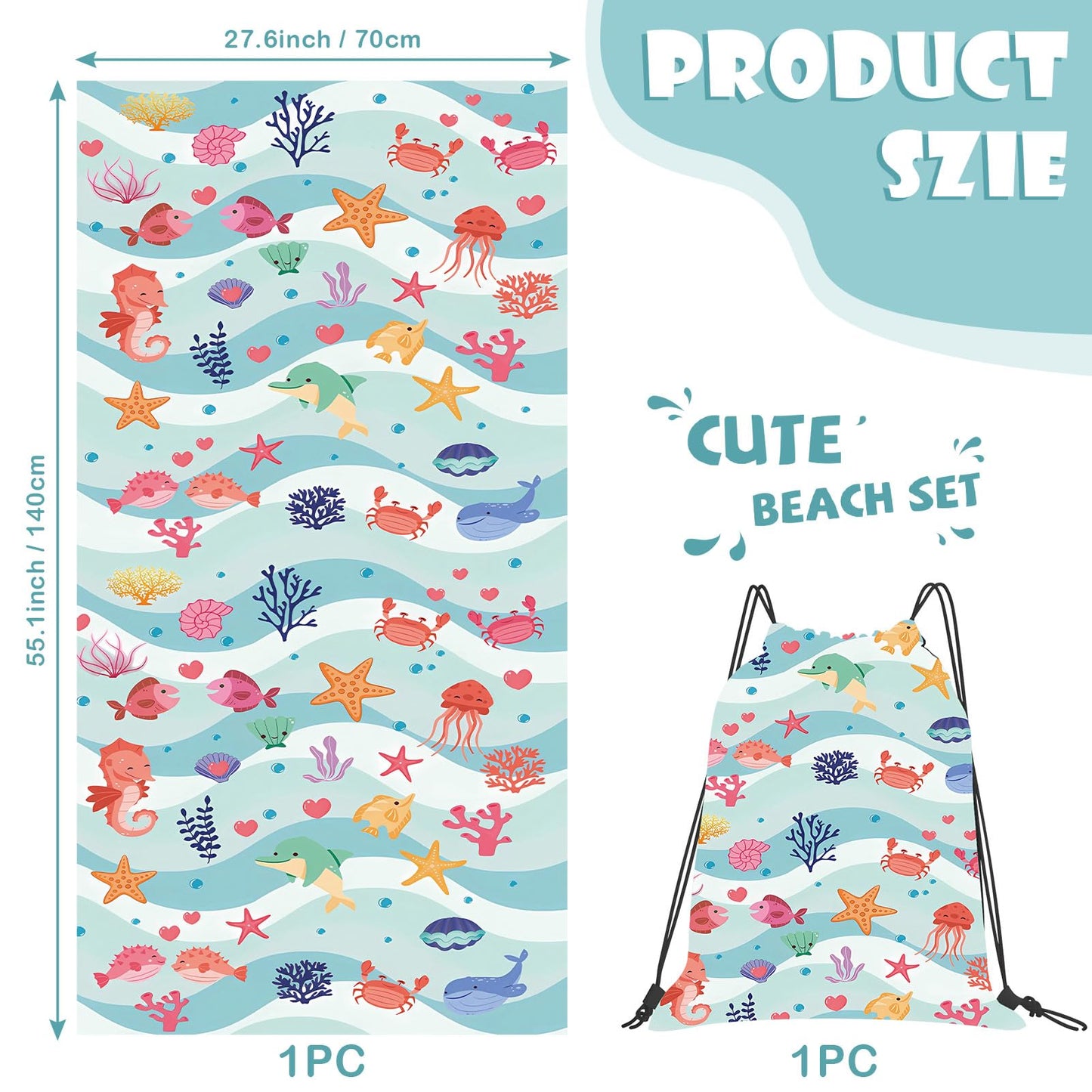 SERTAS Kids Beach Towel,Swim Towel for Girls,Kids Towel 70 X 140cm,Beach Towels for Kids,Lightweight Beach Towel Microfibre,Exquisite Pattern Beach