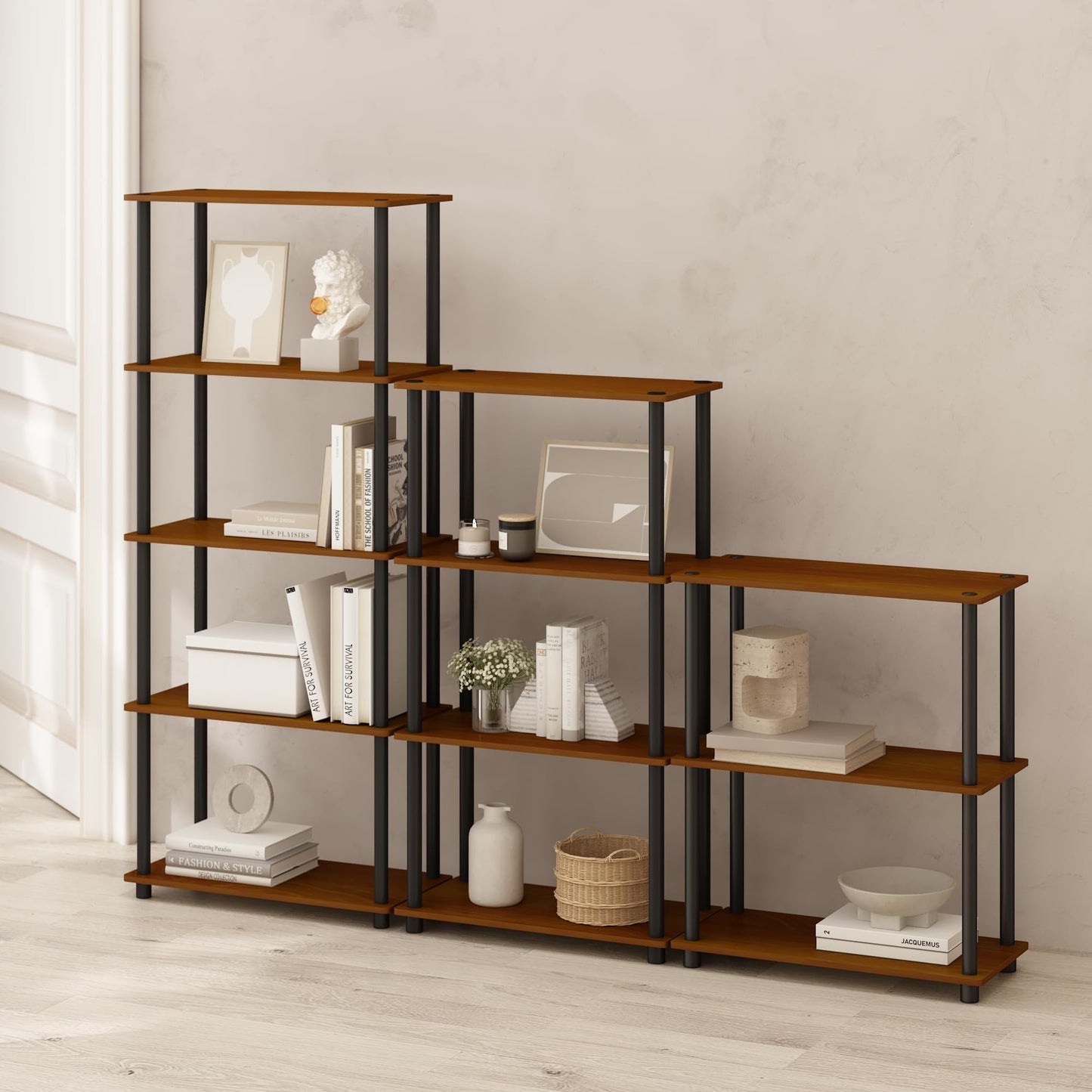 Furinno TURN-N-TUBE Storage Shelves, 4-Tier Book Shelf, Corner Shelf, Toolless Open Shelves, for Organization and Storage, Living Room, Bedroom
