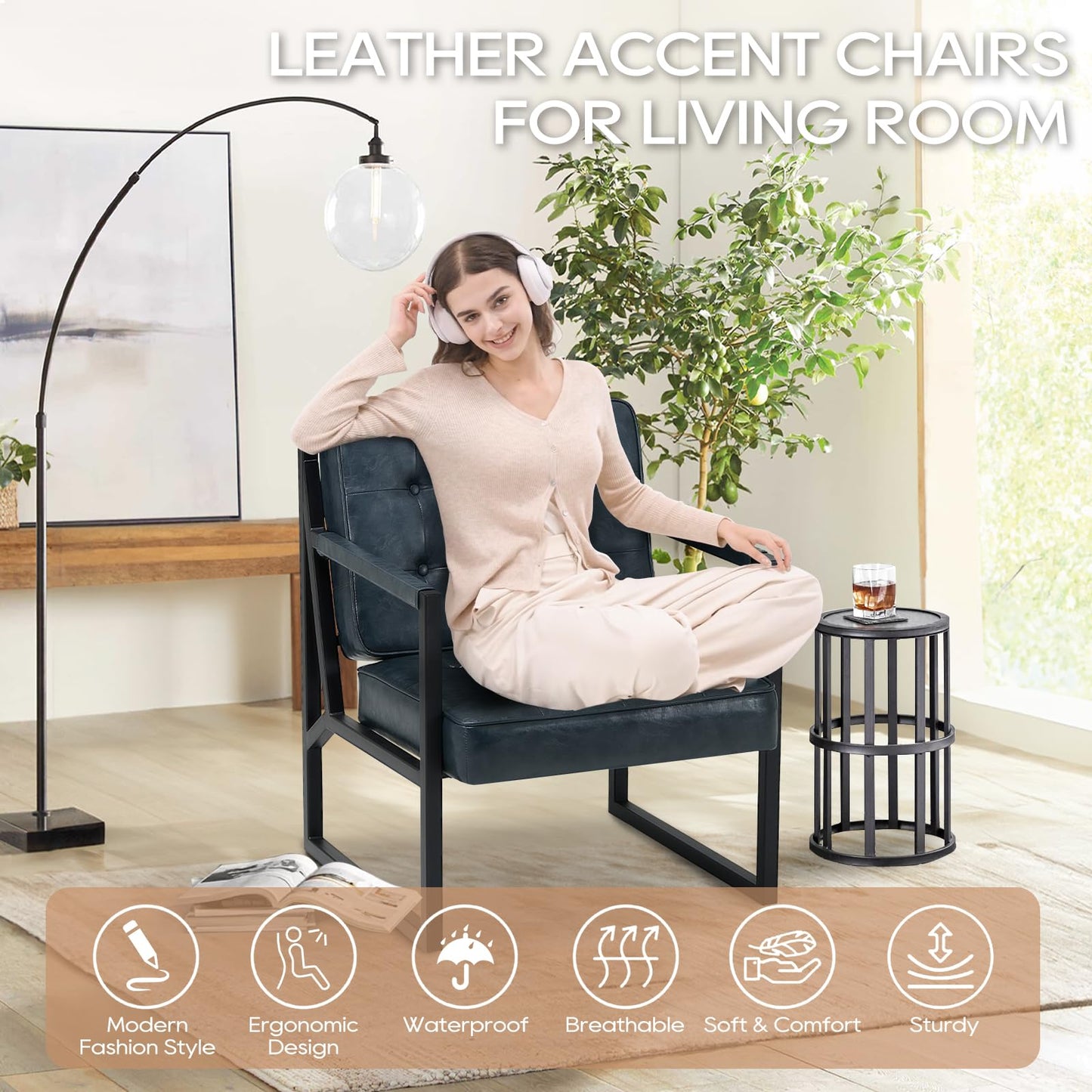 COLAMY Mid Century Modern Accent Chair Set of 1, Comfy Living Room Armchair with Metal Legs