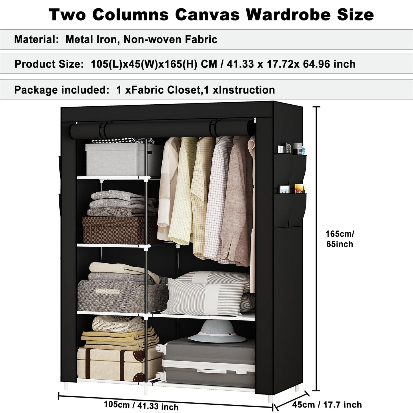OPPAIYA Canvas Wardrobe for Bedroom, Fabric wardrobes carries five storage boxes, one hanging rail and four side pockets, 105 x 45 x 165 cm