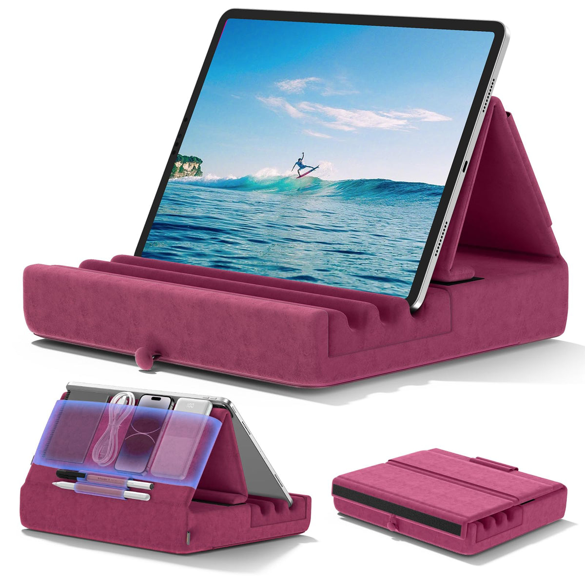 Tablet Pillow Holder, KDD Foldable iPad Stand for Lap, Bed and Desk -Tablet Soft Pad Dock with Pocket & Stylus Mount Compatible with iPad Pro 12.9,